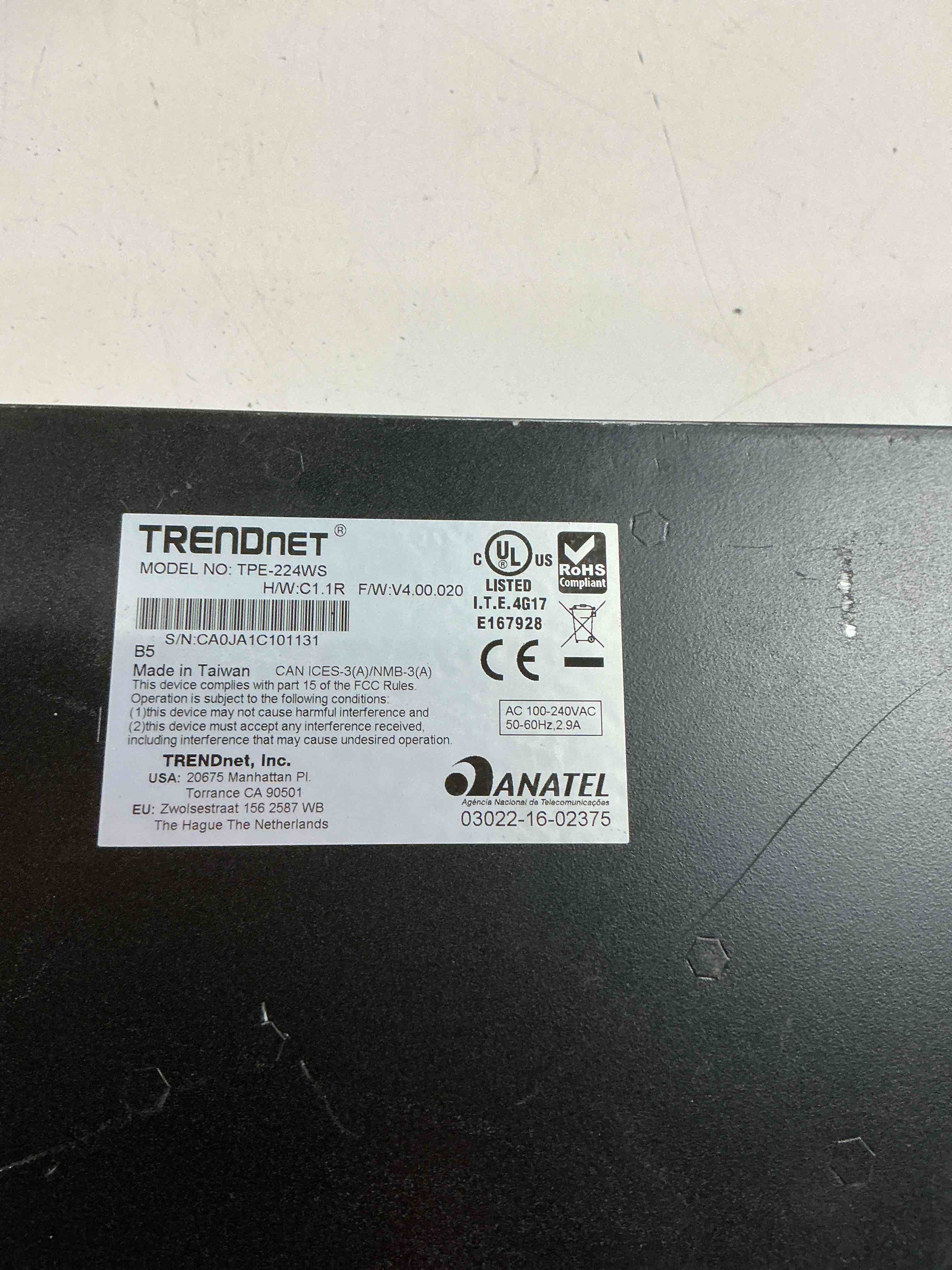 Condition photo showing As Is for trendnet 28-port 10/100mbps web smart poe+ switch, 20 x poe ports, 4 x poe+ ports, 2 x gigabit ports, 2 x shared gigabit ports (rj-45 or sfp), rack mountable, lifetime protection, black, tpe-224ws