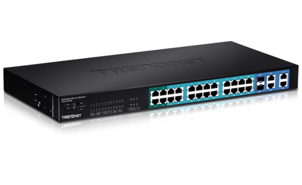 trendnet 28-port 10/100mbps web smart poe+ switch, 20 x poe ports, 4 x poe+ ports, 2 x gigabit ports, 2 x shared gigabit ports (rj-45 or sfp), rack mountable, lifetime protection, black, tpe-224ws
