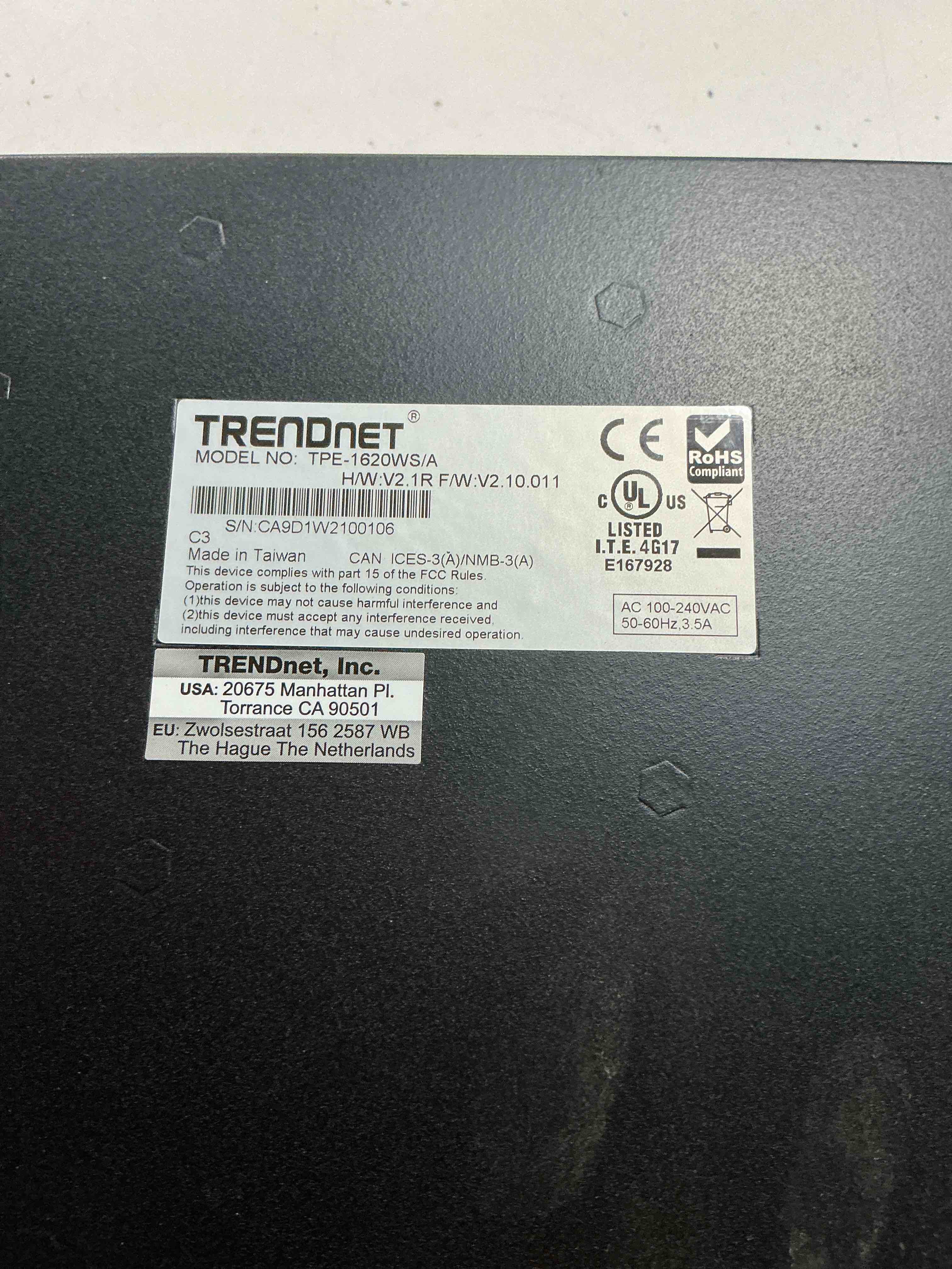 Condition photo showing As Is for trendnet 16-port gigabit poe+ web smart switch with 2 shared sfp slots, up to 30 w per port, 185 w total power budget, rack mountable, tpe-1620ws, black
