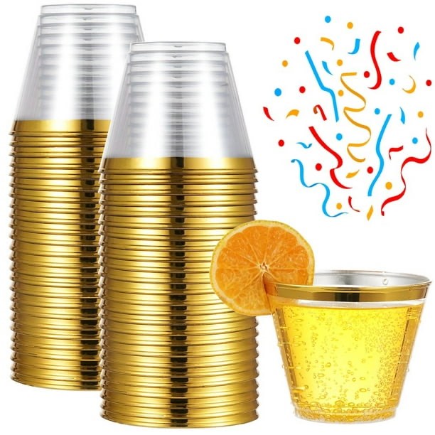 50PCS 9oz Drinking Cups, Reusable Clear Plastic Cups with Gold Rim for Wine, Cocktail, Champagne, Beer, Soda, Juice, Dessert, Suitable for Wedding, Birthday, Party, Picnic