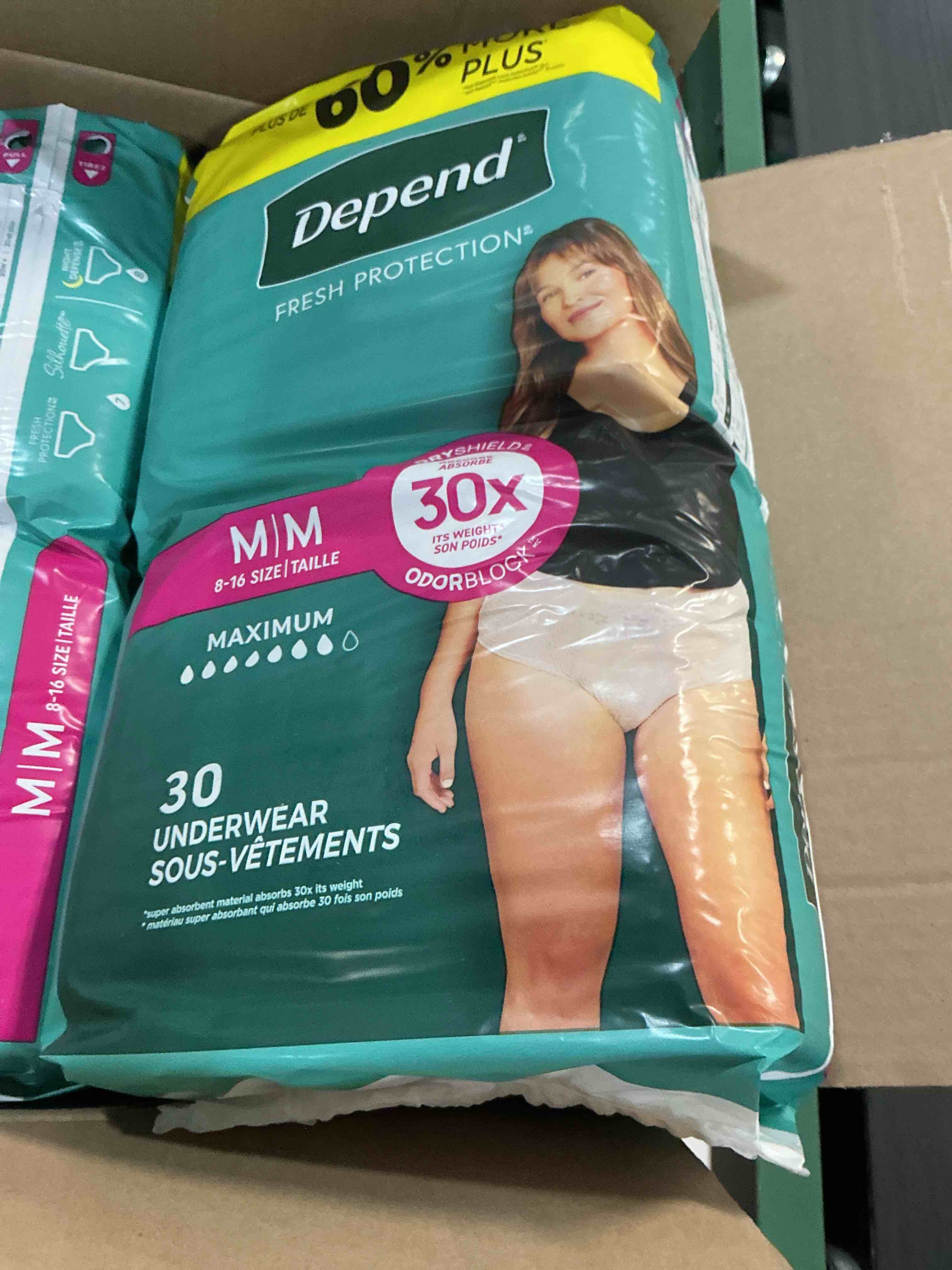 Condition photo showing New/Like New for Depend Fresh Protection Adult Diapers, Incontinence & Postpartum Bladder Leak Underwear for Women, Disposable, Maximum, Medium, Blush, 60Count (2 Packs of 30), Packaging May Vary Medium 60