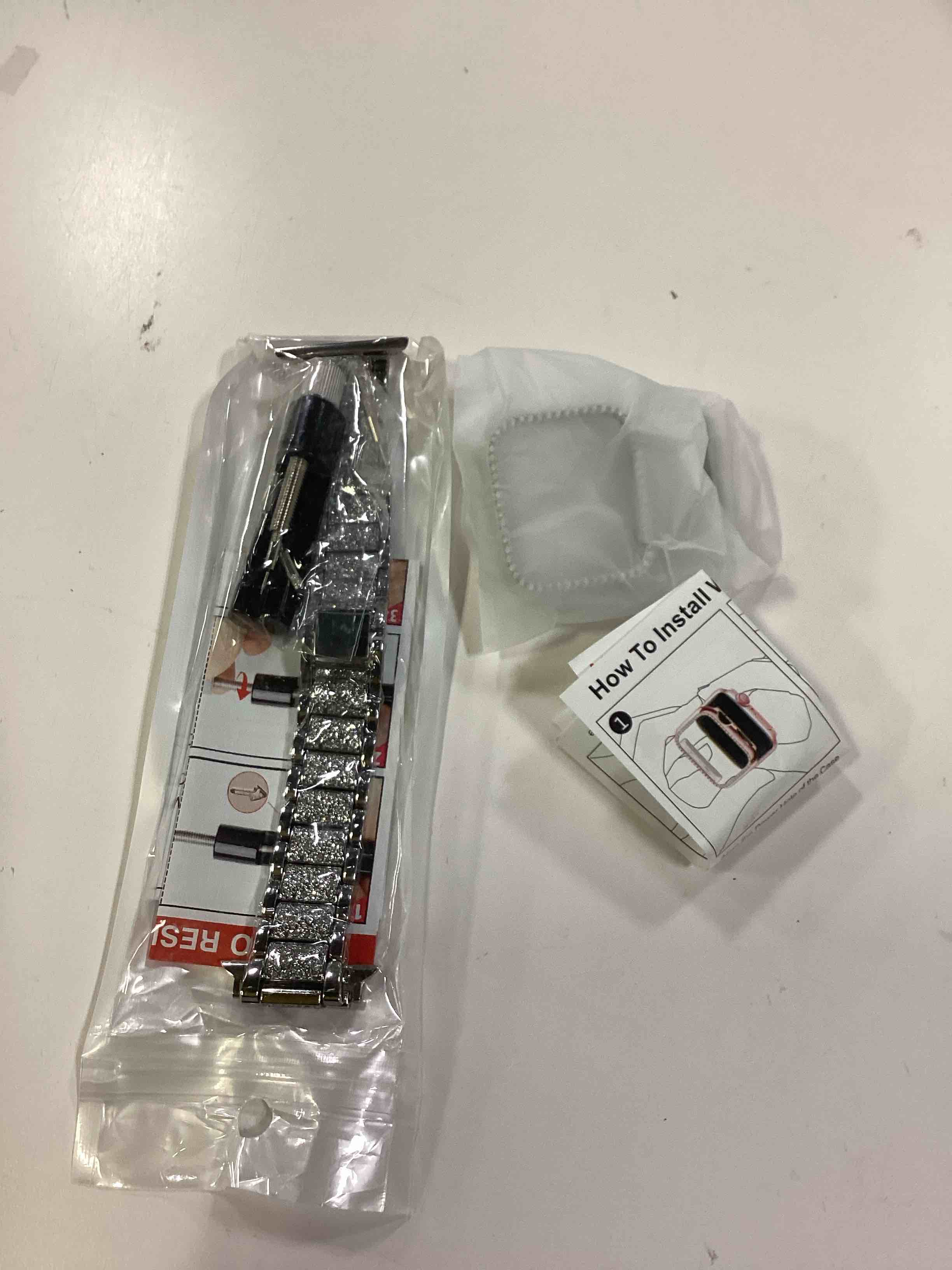 Condition photo showing Good Condition for Mosonio Compatible with Apple Watch Band 38mm 40mm 41mm 42mm 44mm 45mm 46mm 49mm with 2 Pack Case Women, Jewelry Replacement Metal Bands Strap with Bling PC Protective Case for iWatch Ultra SE Series 11/10/9/8/7/6/5/4/3/2/1 Silver 40mm (Series 6/5/4/SE)