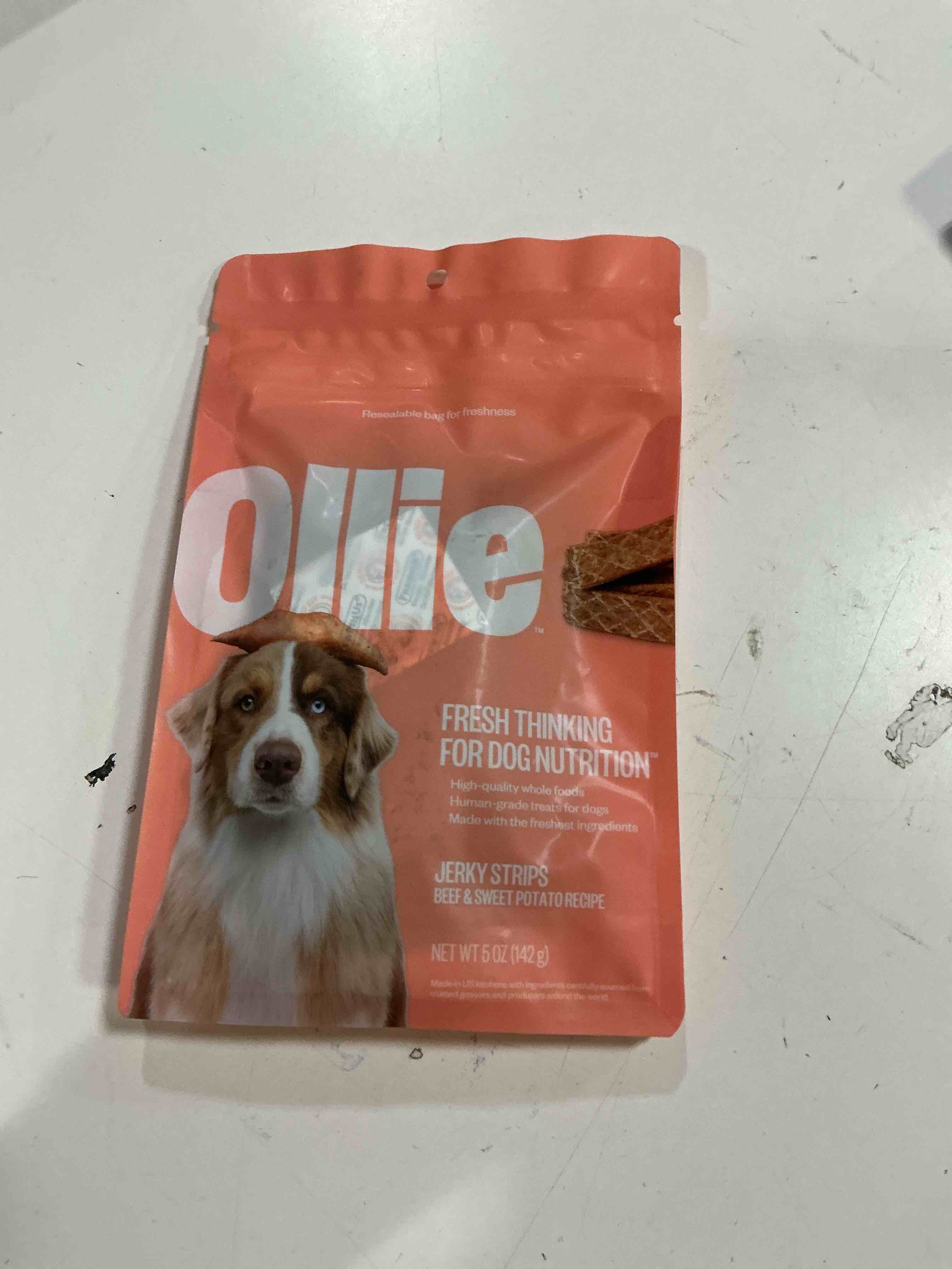 Condition photo showing Good Condition for ( best 08/14/2025)Ollie Beef & Sweet Potato Jerky Dog Treats, 5 oz Pack of 1, All Natural, Healthy Snacks, Made with Real Meat, Human Grade, for Dogs
