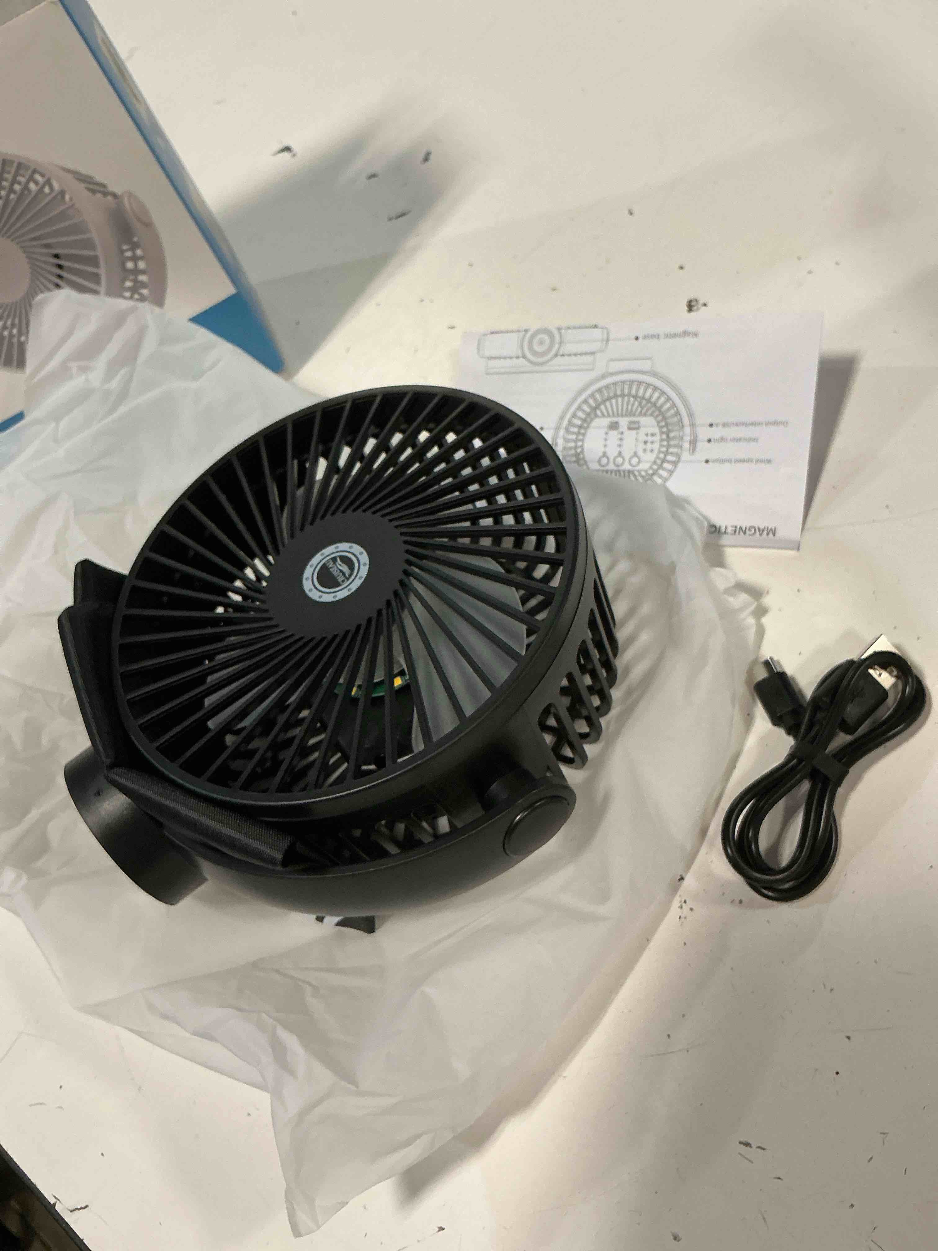 Condition photo showing New/Like New for magnetic cruise fan with 8000mah rechargeable battery, led light, timer&power output, magnetically sticks on cabin ceilings and walls, ship approved cabin air circulator