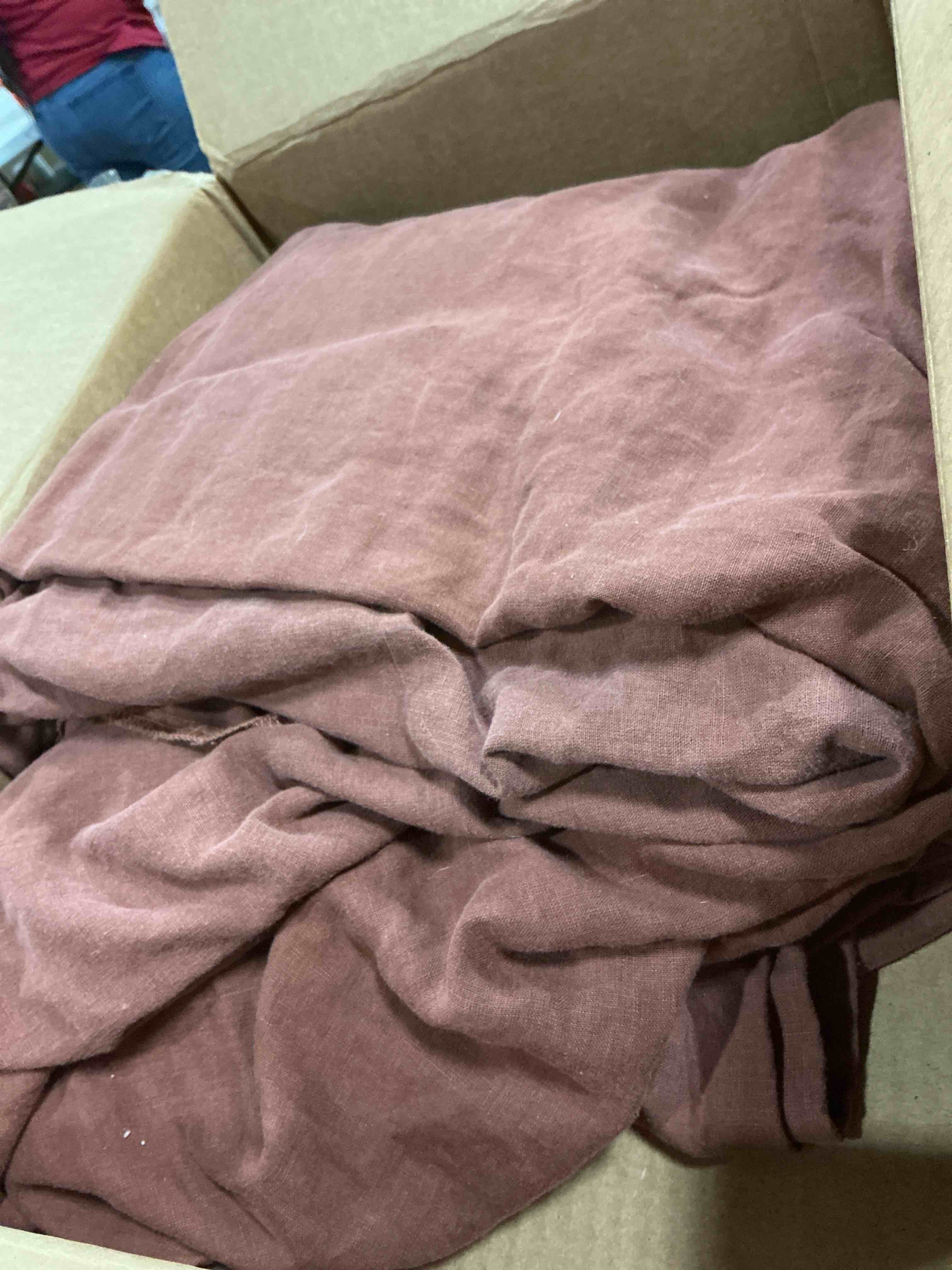 Condition photo showing As Is for european linen duvet cover, king/cal king, bordeaux