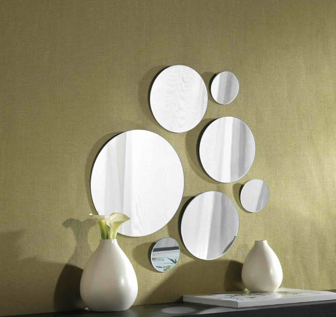 light in the dark large round mirror wall mounted assorted sizes (1x12?, 3x9?, 3x6?) - set of 7 round glass mirrors wall decoration for living room, bedroom or bathroom.