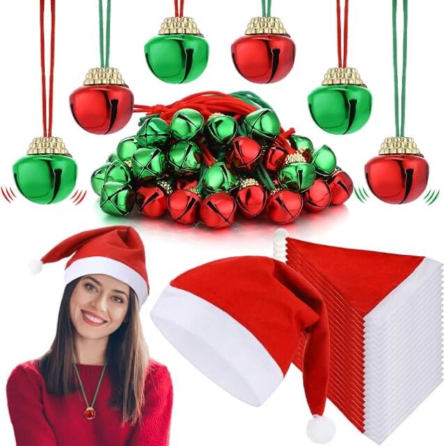 Box of 20 Packs Christmas Bulk Set -1 Dozen Santa Hats - 1 Dozen Jingle Bell Necklaces - 24 Pieces Set