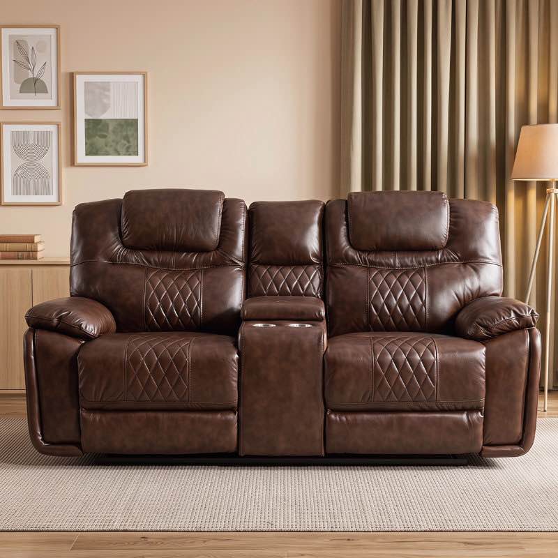 Jepum 77.6" Top-Grain Genuine Leather Manual Reclining Loveseat Sofa, 2-Seater Recliner Couch with Storage and Cupholders