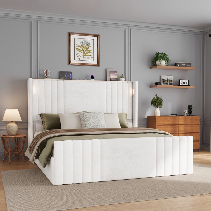 Velvet Upholstered Wingback Platform Bed Queen 