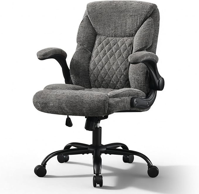 Cloth Office Chair Mid Back Ergonomic Computer Chair Comfortable Fabric Padded Home Office Desk Chairs with Flip-up Arm Rest Adjustable Height Swivel Wheels for Short People Use | Grey