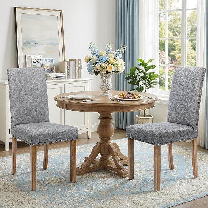 Upholstered Dining Chair Modern Stylish Parsons Kitchen Diner High Back with Bronze Nailhead Trim & Wood Legs, Set of 2, beige 