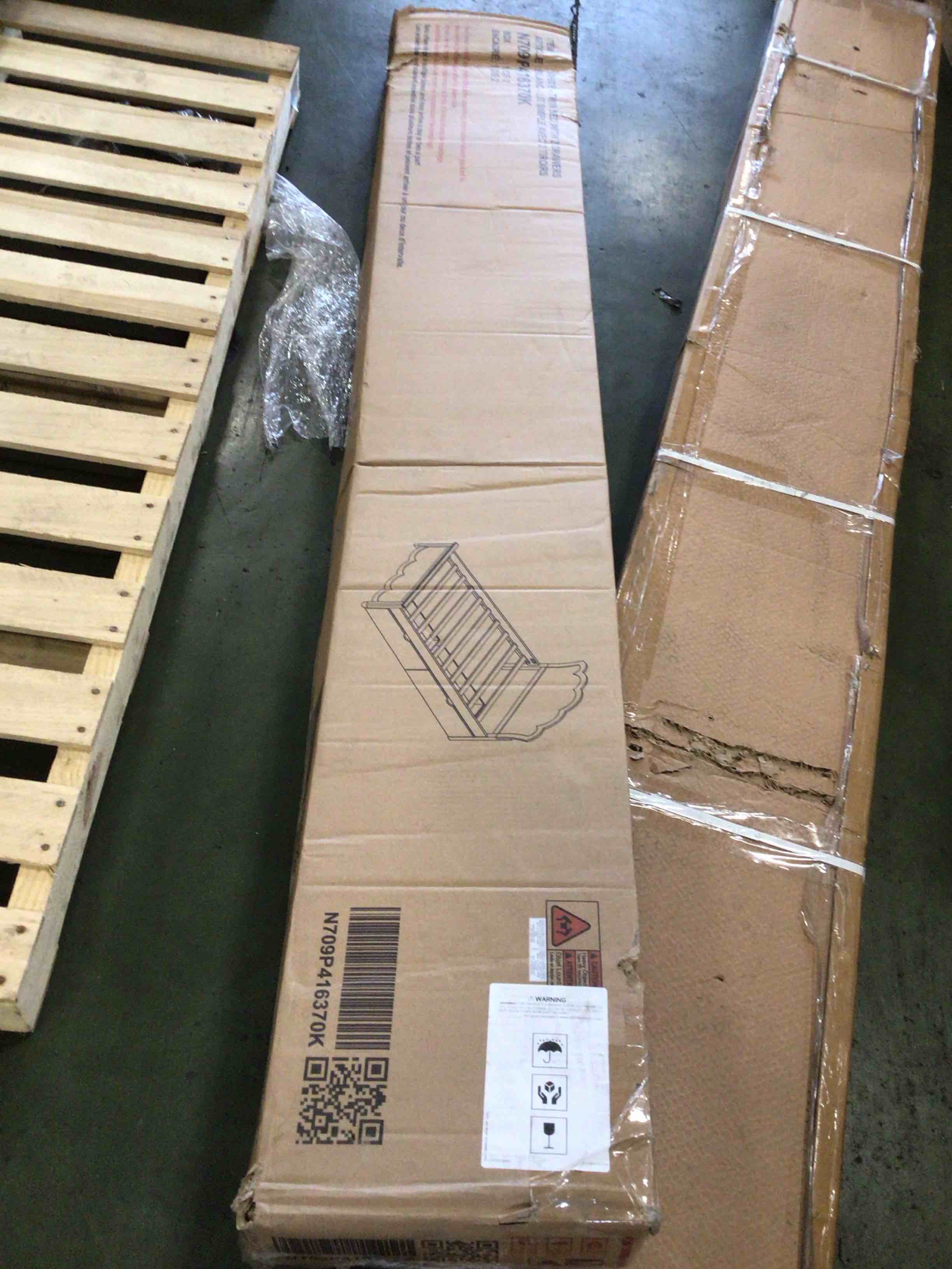 Condition photo showing Good Condition for ((incomplete box 1/2)) white wood frame twin size platform bed with headboard, 2 drawers