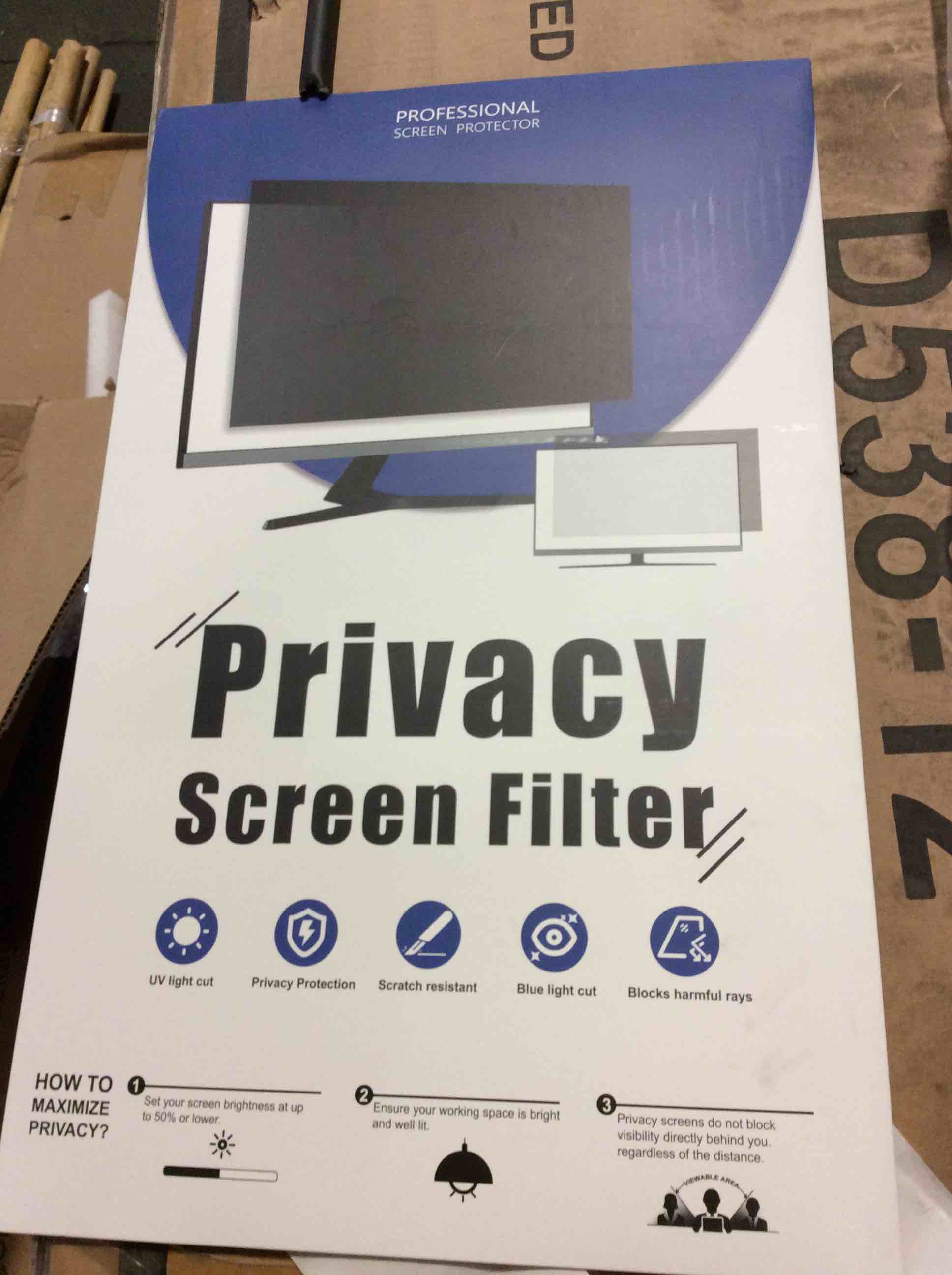 Condition photo showing New/Like New for [2-pack] 24 inch privacy screen for computer monitor 16:9 aspect ratio, eye protection anti blue light glare shield, 24inch removable black blackout anti spy desktop security private filter