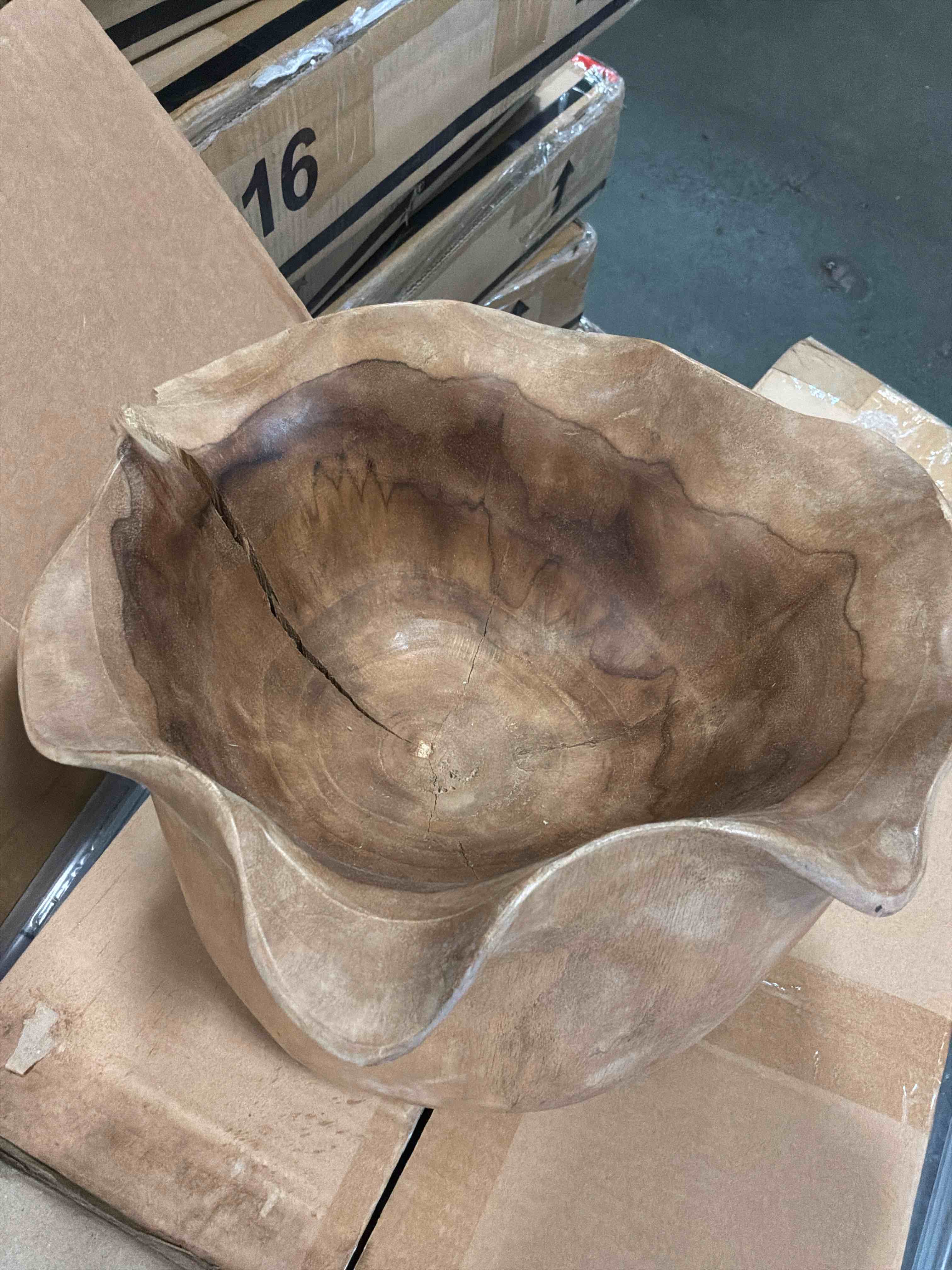 Condition photo showing As Is for natural teak rose bowl
