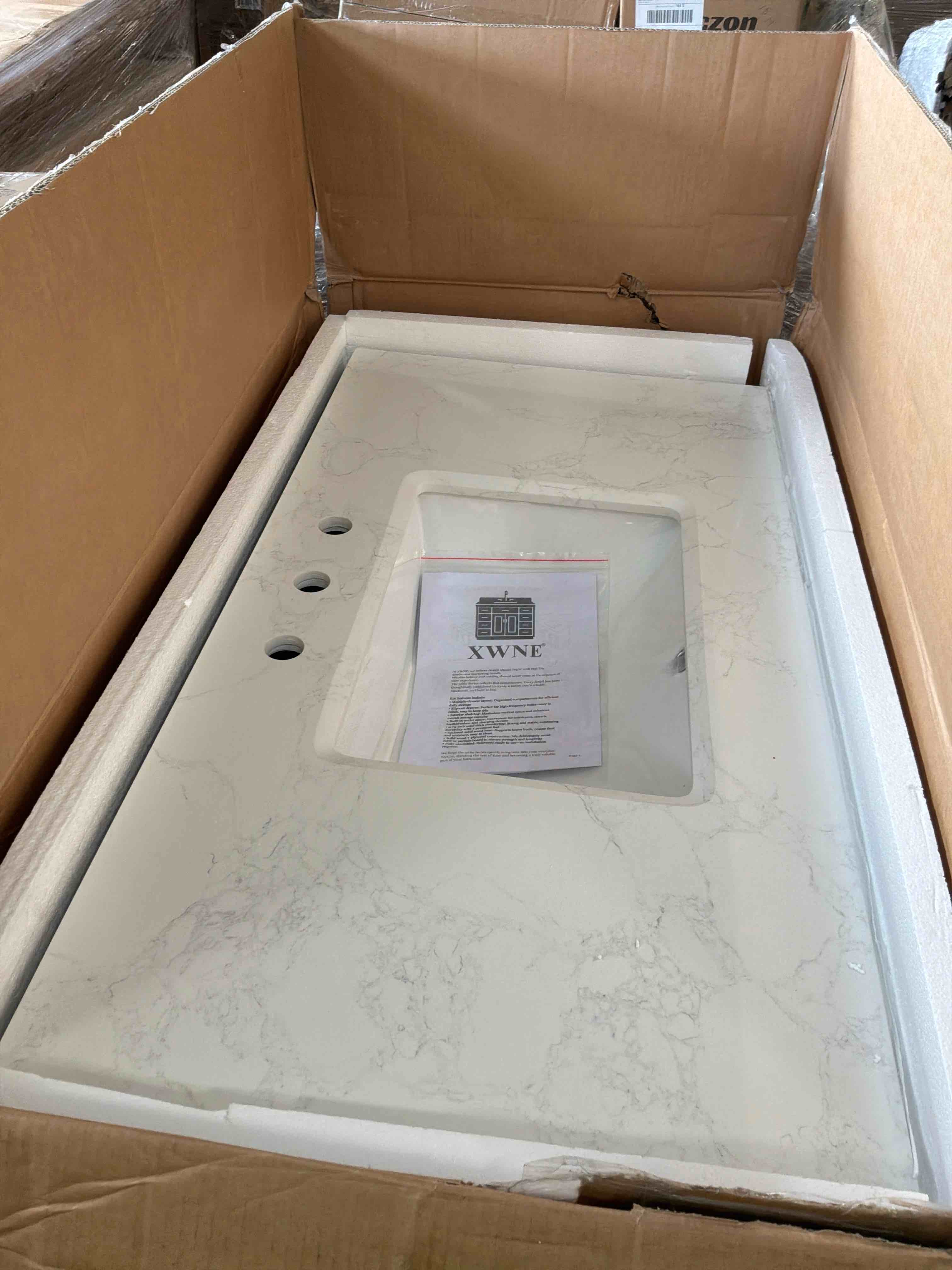 Condition photo showing New/Like New for ariel hepburn 42 in. rectangle sink bathroom vanity with carrara white quartz countertop 1.5 edge in midnight blue