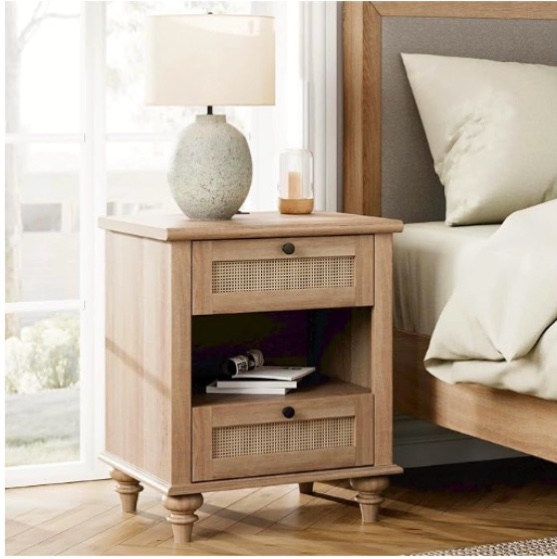 wampat rattan nightstand side table with charging station, light wood end table with 2 drawers for living room, rustic farmhouse night stand bedside table for bedroom, oak