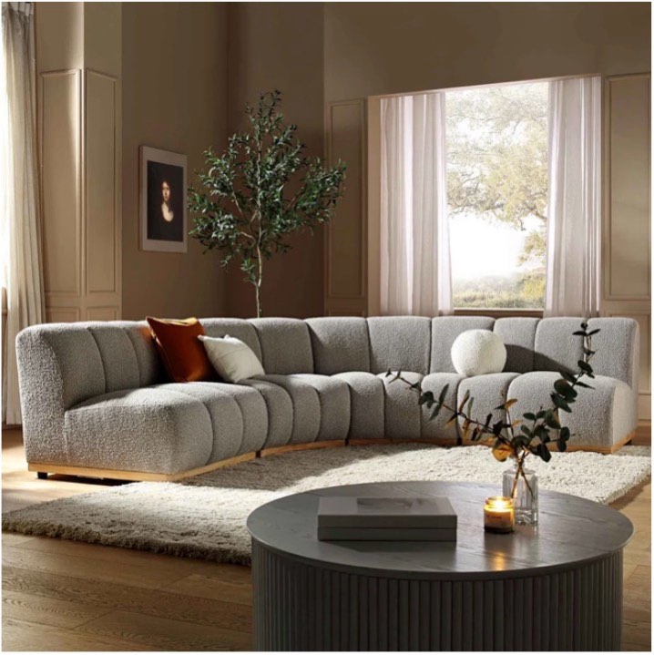 incomplete granvia ecru boucle sectional sofa, 4-seater half circle sofa grey