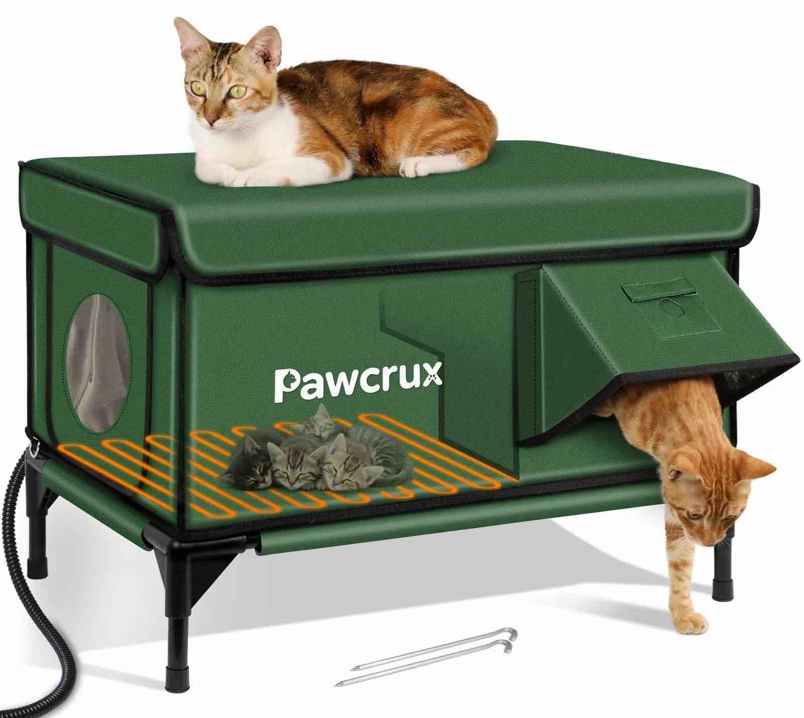 Pawcrux Cat House Heated Weatherproof Shelter In-Outdoor Insulated Kitty Bed CE