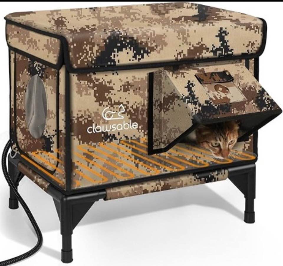 Indestructible Heated Cat House for Outside Winter, 100% Waterproof, Safe Escape Door, Insulated Outdoor Cat Shelter with Heater for Feral Barn Cat Kitty (Desert Camouflage 25.4x5.7”x17.1”
