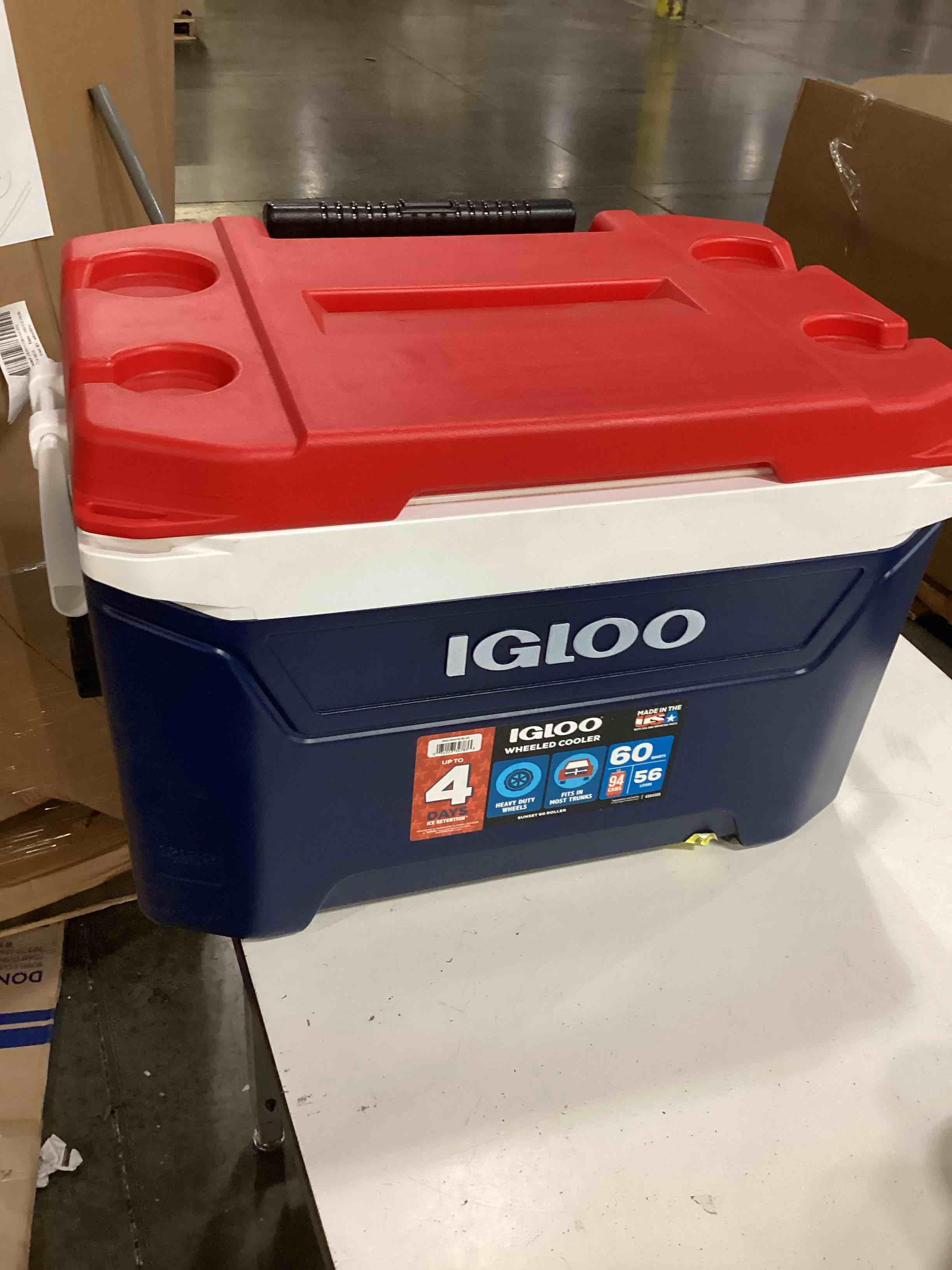 Condition photo showing As Is for igloo 60-quart rolling ice chest cooler - texas edition