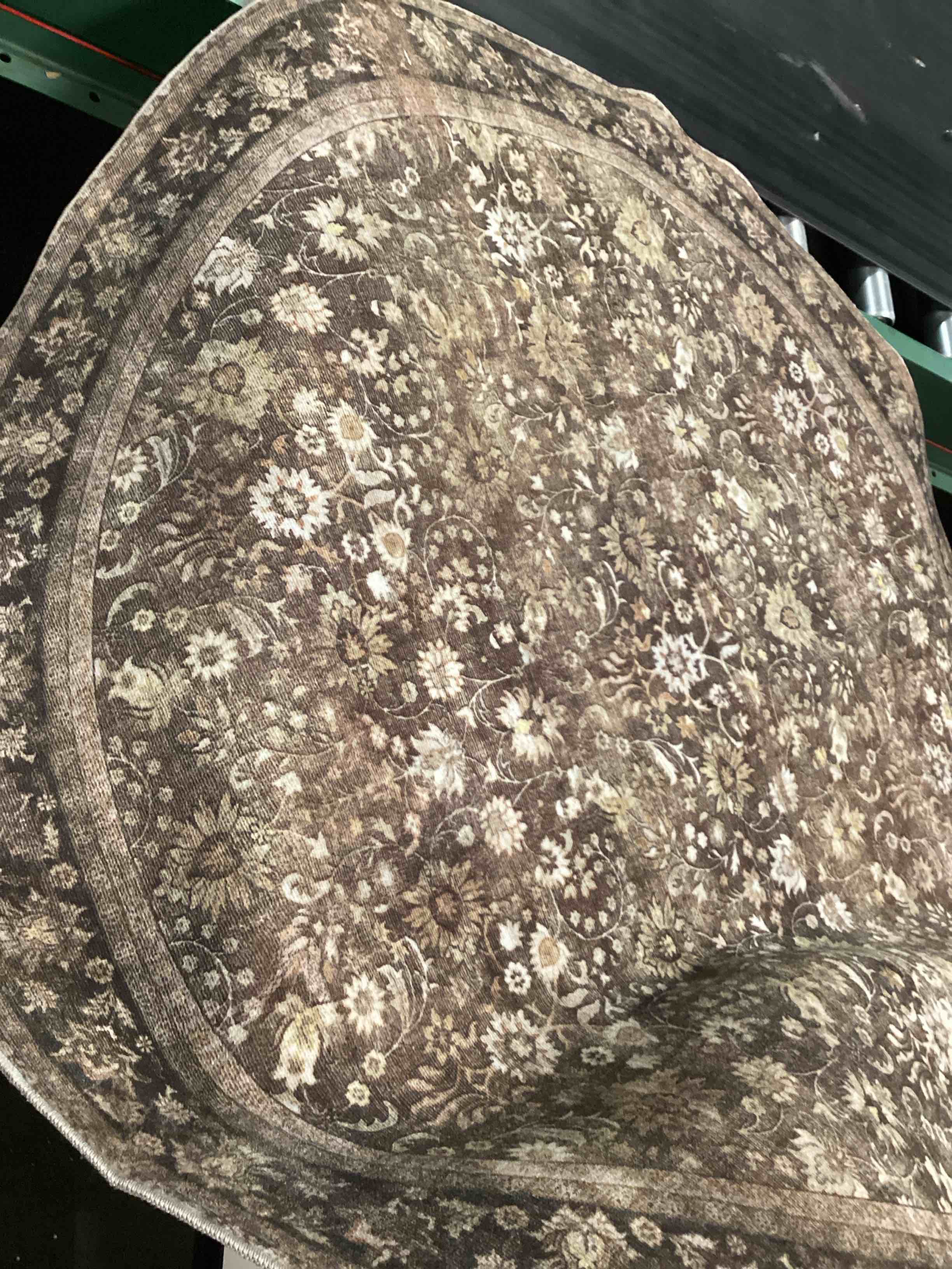 Condition photo showing Good Condition for 5ft round brown vintage floral washable rug for living room | low pile, non slip, retro style, soft distressed round rug for living room, bedroom, dining room, home decor
