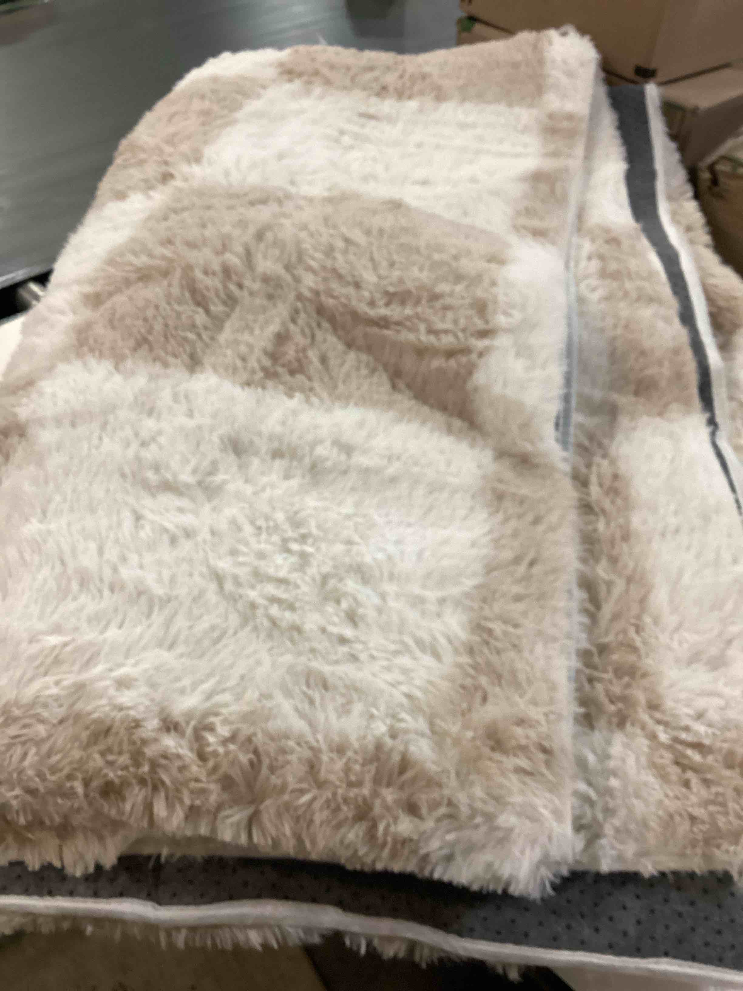 Condition photo showing Good Condition for beige 8x10 area rug for living room soft checkered shag carpet | machine washable, non-slip, fluffy, high pile, pet friendly, cozy for bedroom, kids room, nursery, office, modern decor