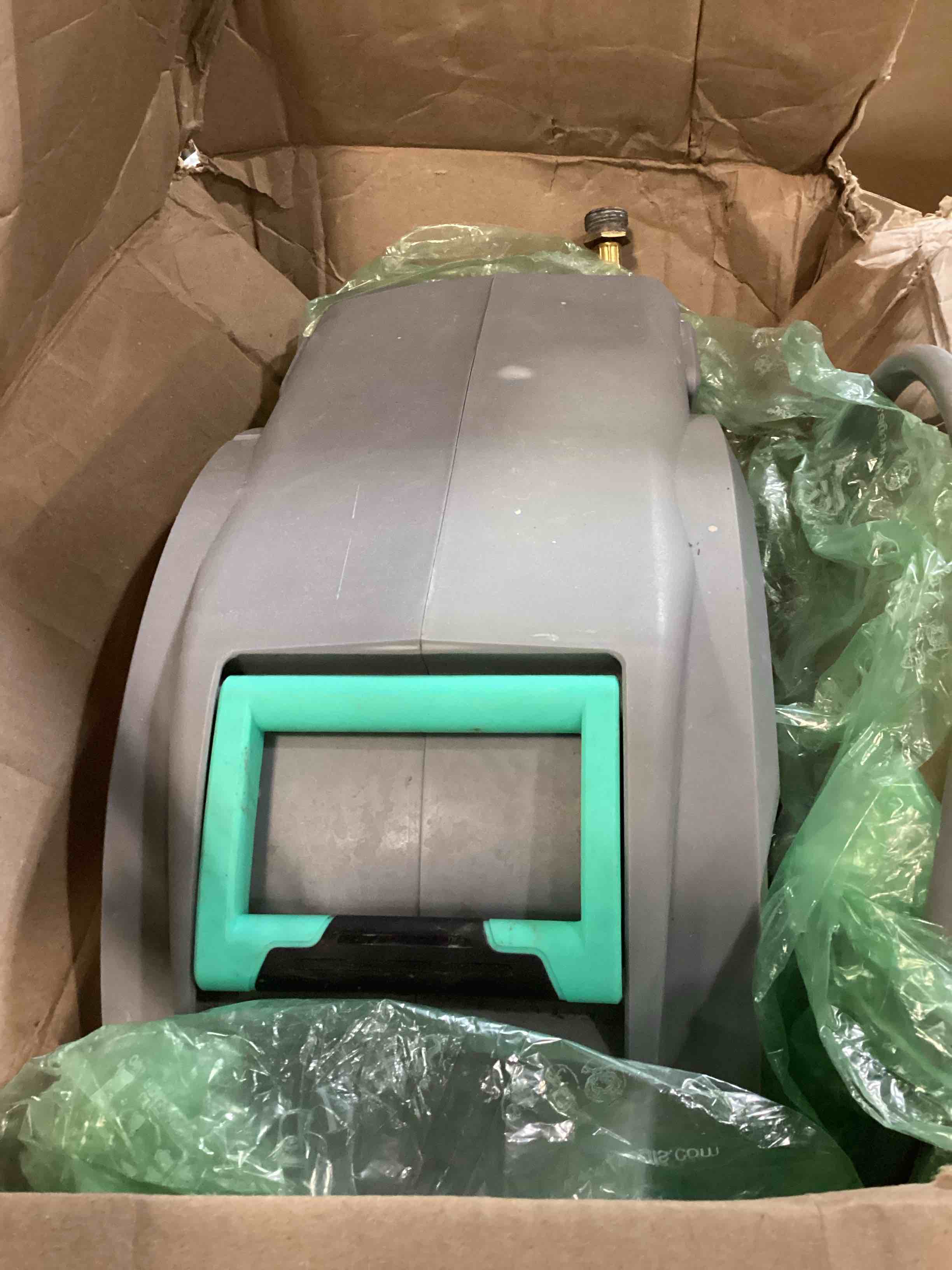Condition photo showing As Is for haushof retractable garden hose reel 1/2” x 130 ft, auto-lock at any length, slow return system, wall mounted and 180° swivel bracket for outside water