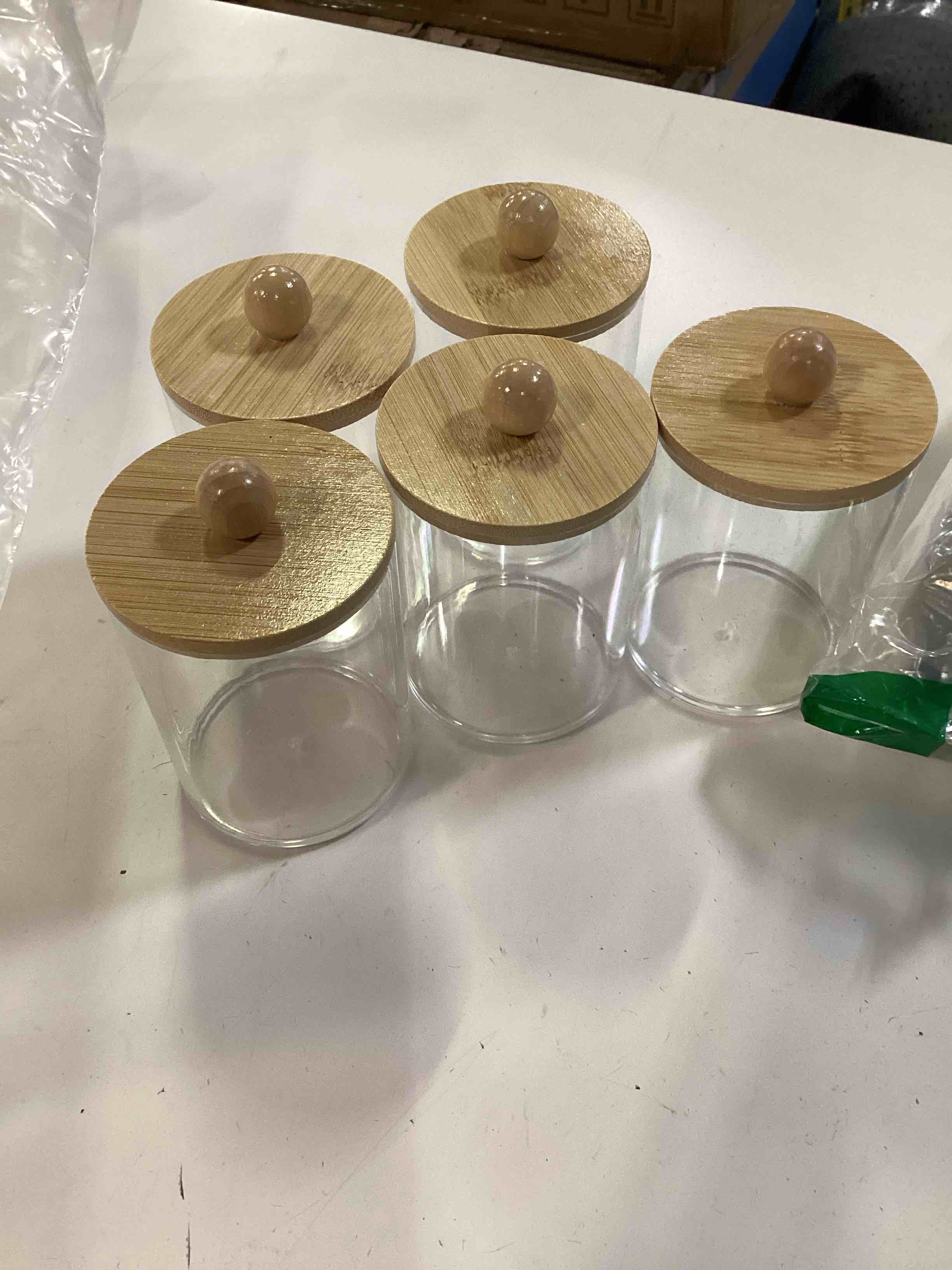Condition photo showing Good Condition for 5-pack bamboo qtip holders - bathroom storage for cotton balls, swabs, pads, floss