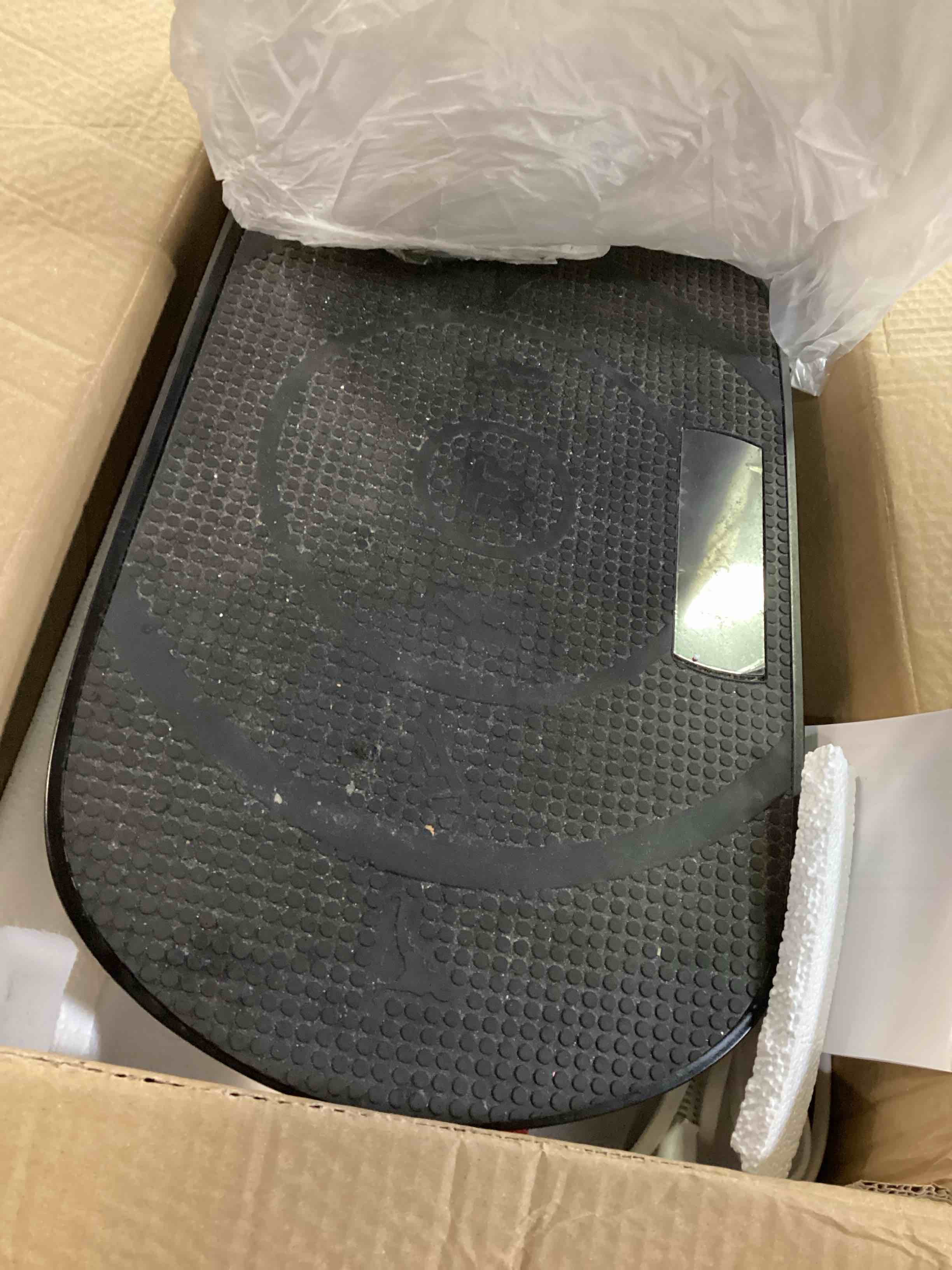 Condition photo showing As Is for merach vibration plate exercise machine, curved vibration plate for lymphatic drainage weight loss, vibrating plate with real-time calorie tracking on led display, workout equipment for home women men black