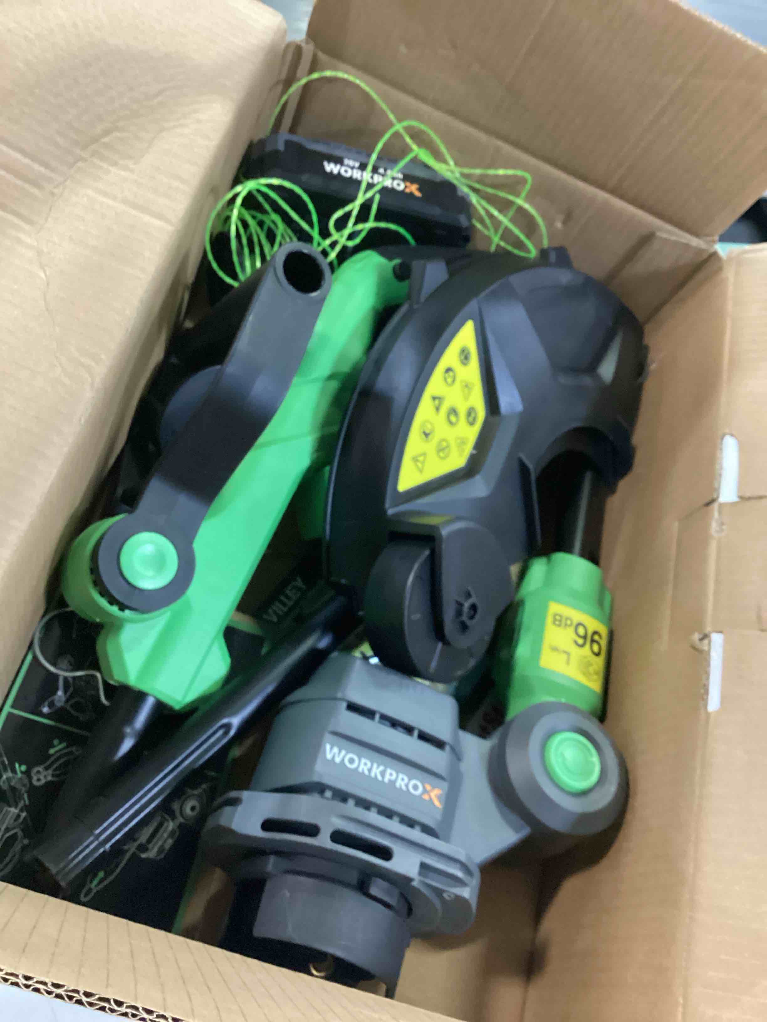 Condition photo showing As Is for workprox 12inch 20v string trimmer, 4.0ah li-ion battery powered grass cutter with auto line feed, 2 in 1 lawn edger and weed trimmer with 2pcs grass trimmer spool line