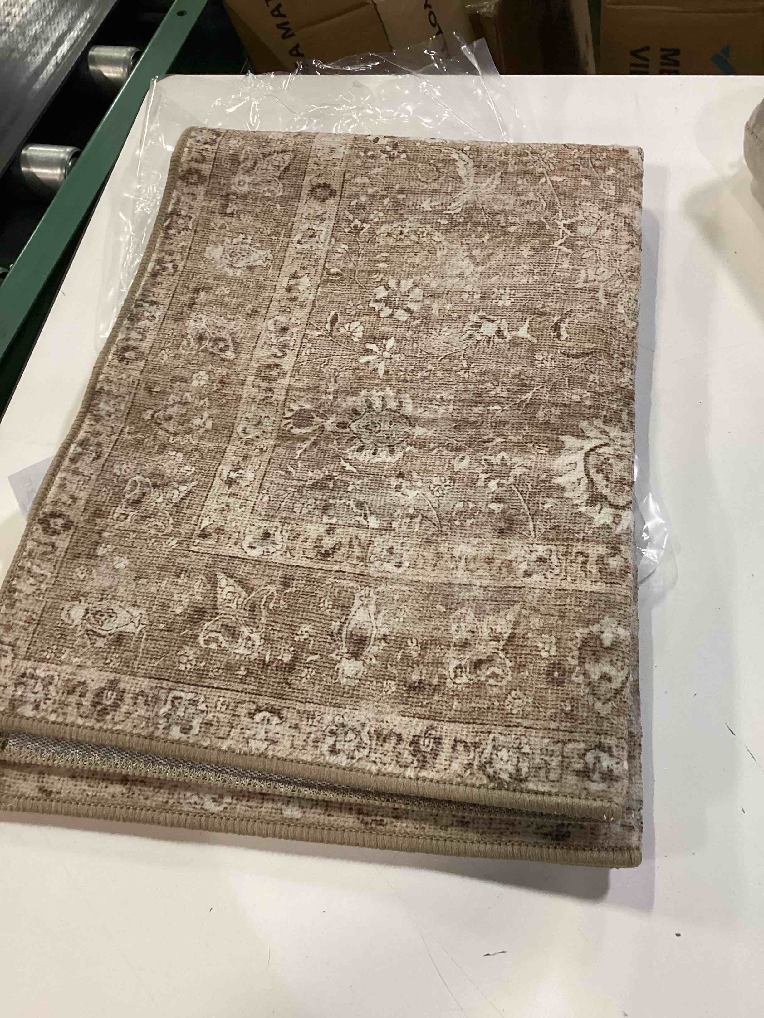 Condition photo showing Good Condition for 2x3 area rug for entryway brown vintage distressed carpet | washable, non slip, soft low pile, indoor retro small rug for kitchen, bathroom, doormat,