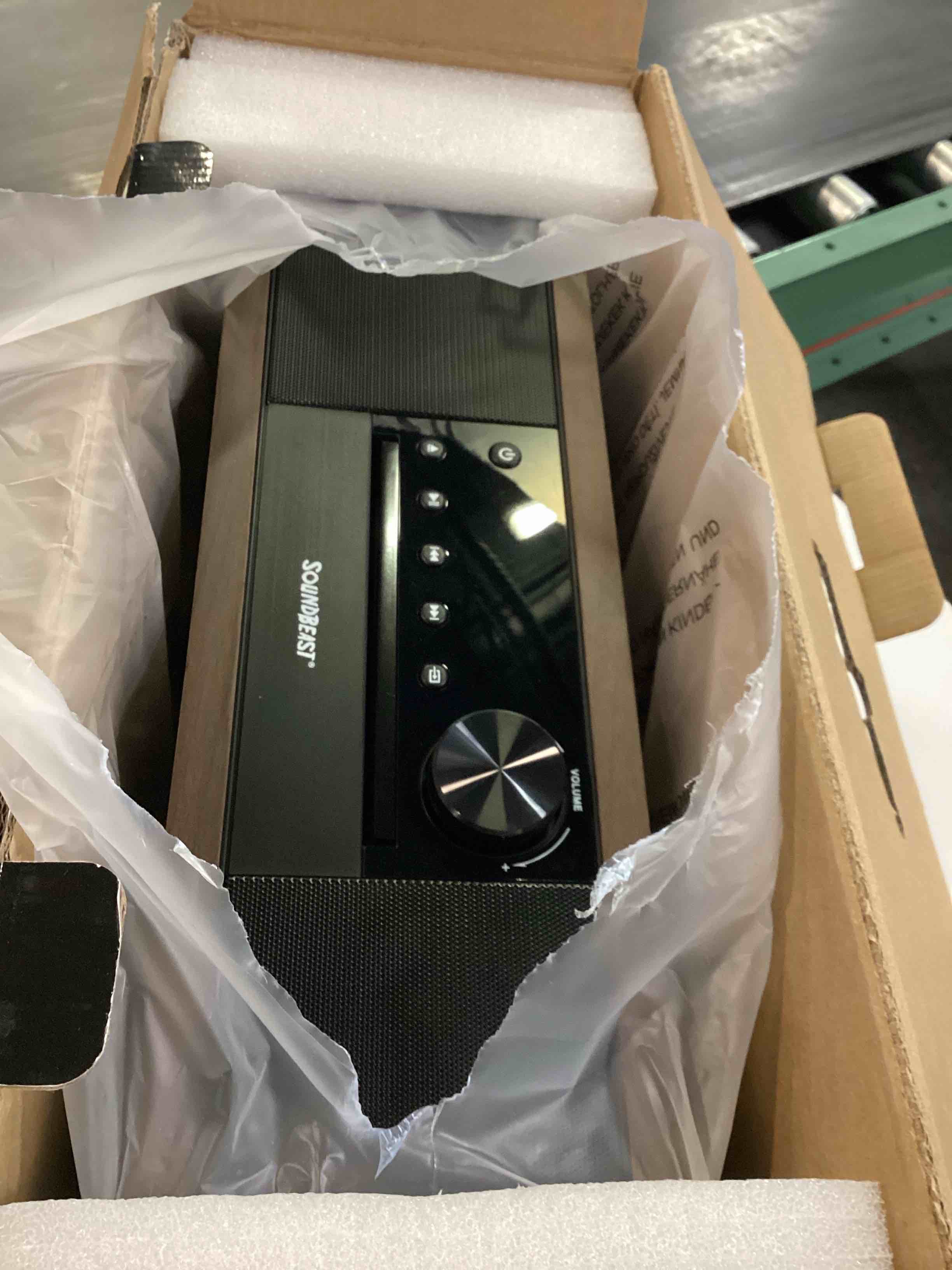Condition photo showing Good Condition for stereo shelf system with cd player, bluetooth, fm radio, usb playback, aux in, optical in, alarm clock, & remote control