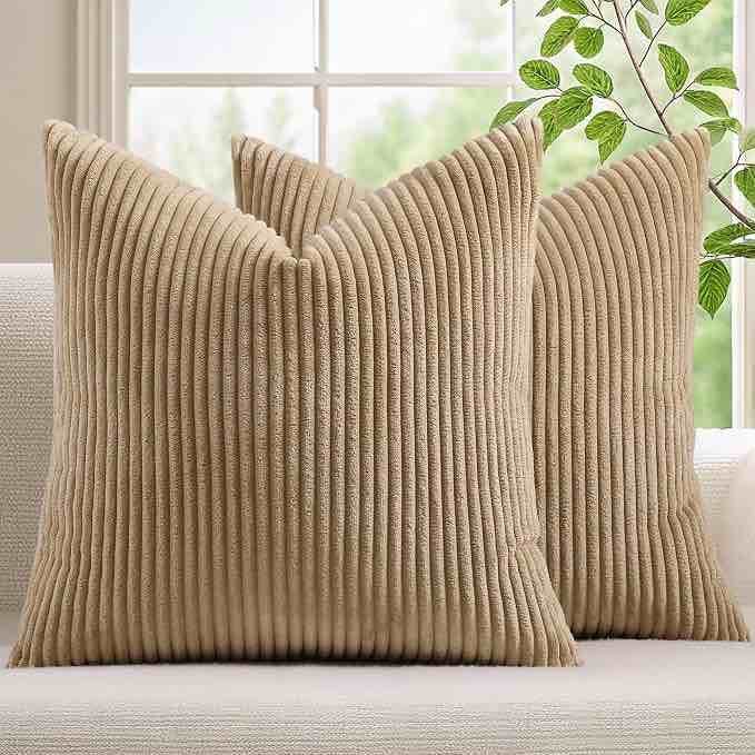 mecatny corduroy fall decorative throw pillow covers 24x24 set of 2 khaki | soft striped texture, hidden zipper design, neutral boho square pillow cases for sofa couch living room bedroom, home décor