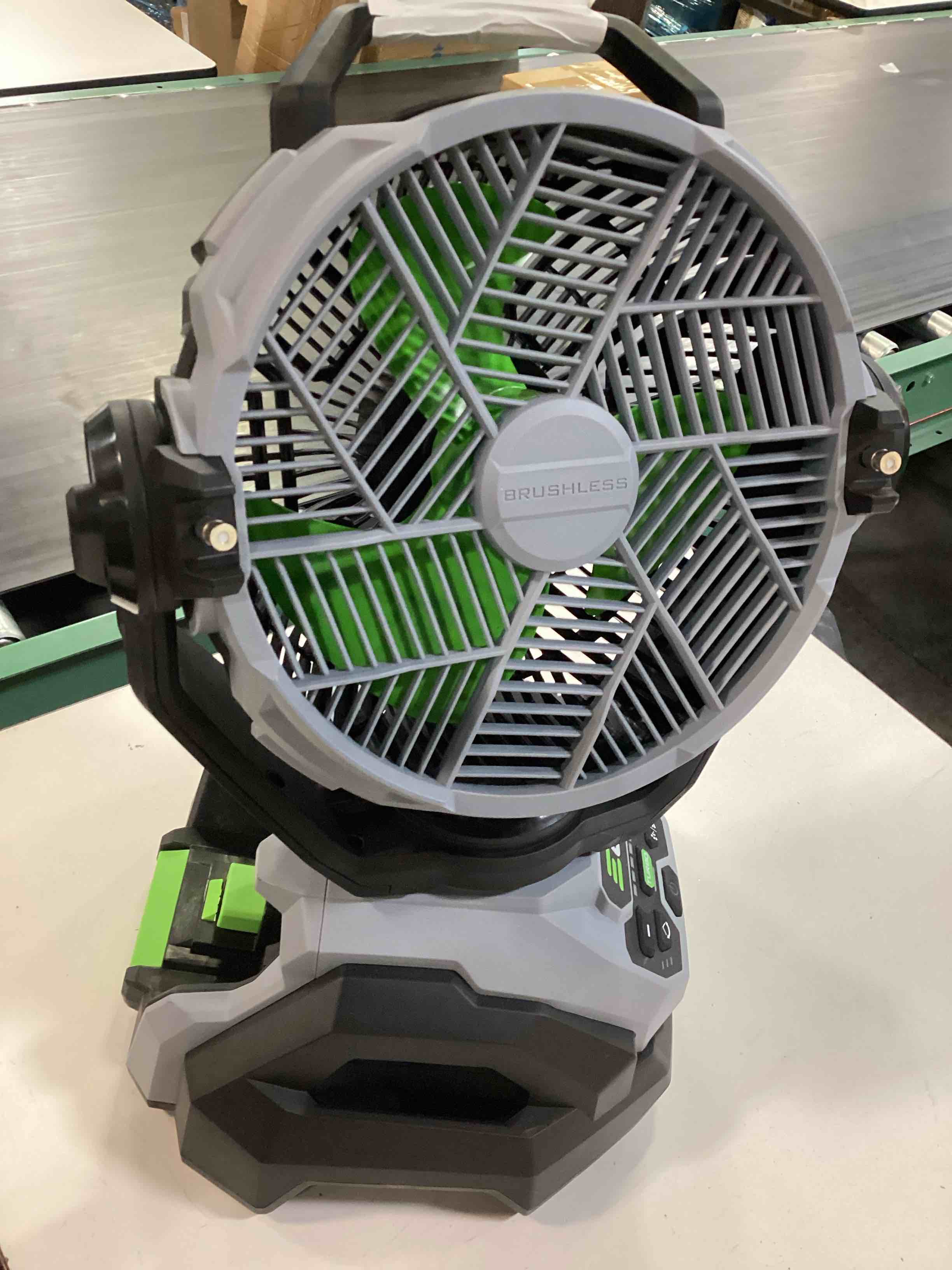 Condition photo showing As Is for ego power+ portable misting fan, compact, outdoor electric 10" 6 speed fan, battery and charger not included - fn1000