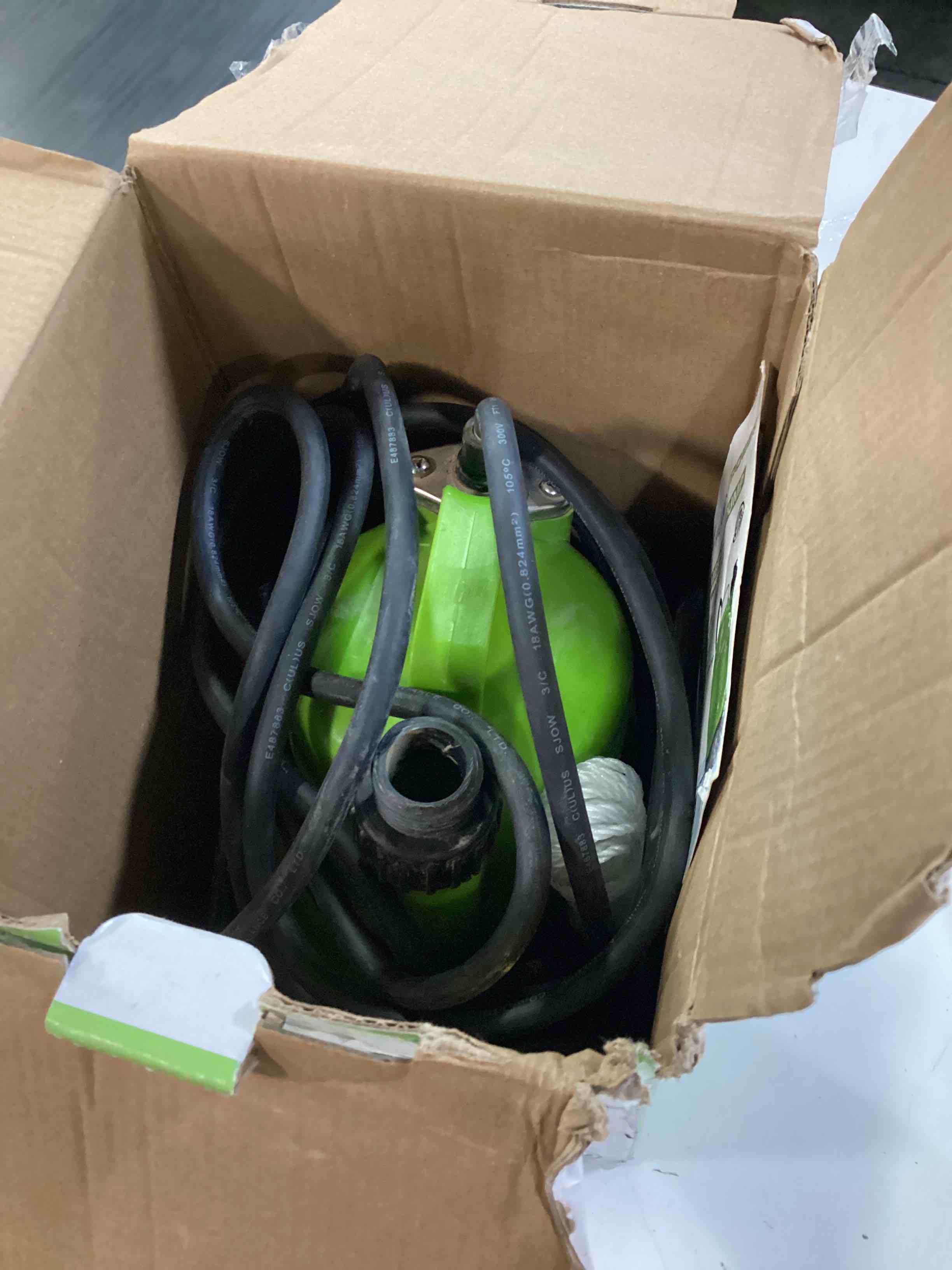 Condition photo showing As Is for fluentpower 1/4hp utility pump 1900gph portable submersible sump pump, manual control with 16.4 ft cord for draining water from pool pond garden hot tub basement tankless heater liquids