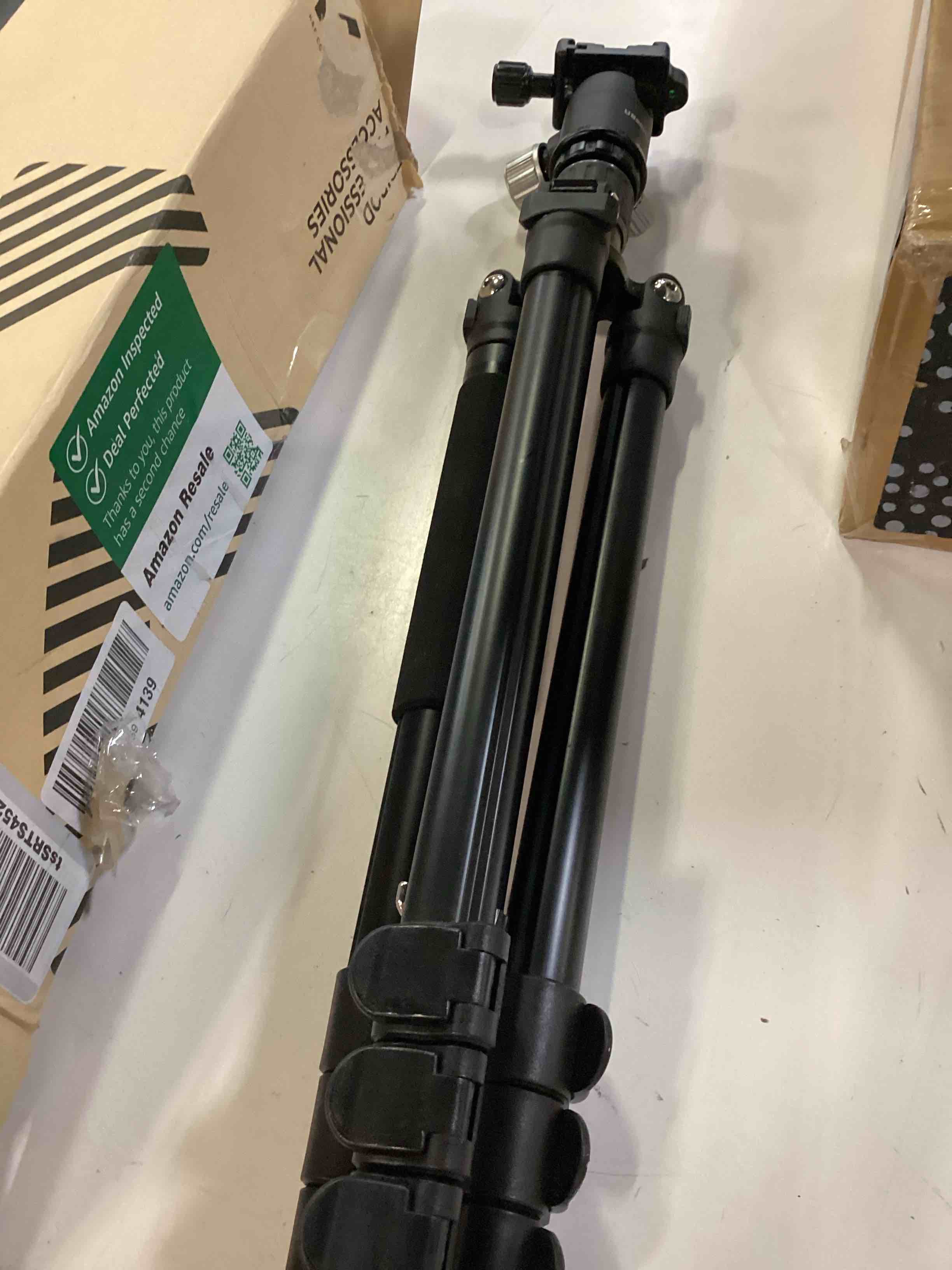 Condition photo showing As Is for ubeesize 62” camera tripod with travel bag, cell phone tripod with bluetooth remote and phone holder, compatible with all cameras, cell phones, projector, webcam, spotting scopes