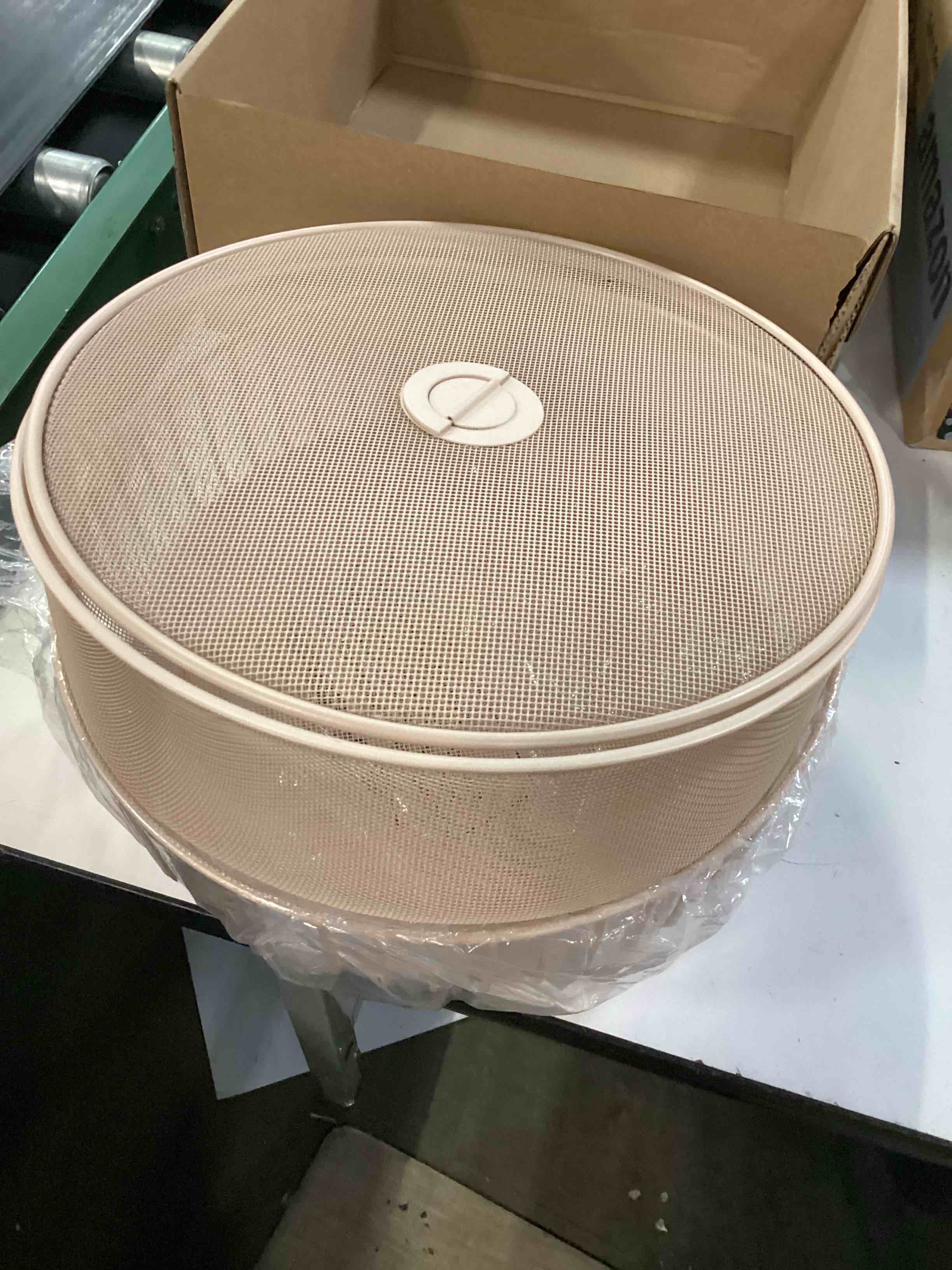 Condition photo showing As Is for metal fruit bowl basket with wooden lid - fruit and vegetable holder for kitchen counter - countertop display baskets organizer - bowl storage for veggie, fruits, snack, and banana - peach peach basket with mesh and wooden lid