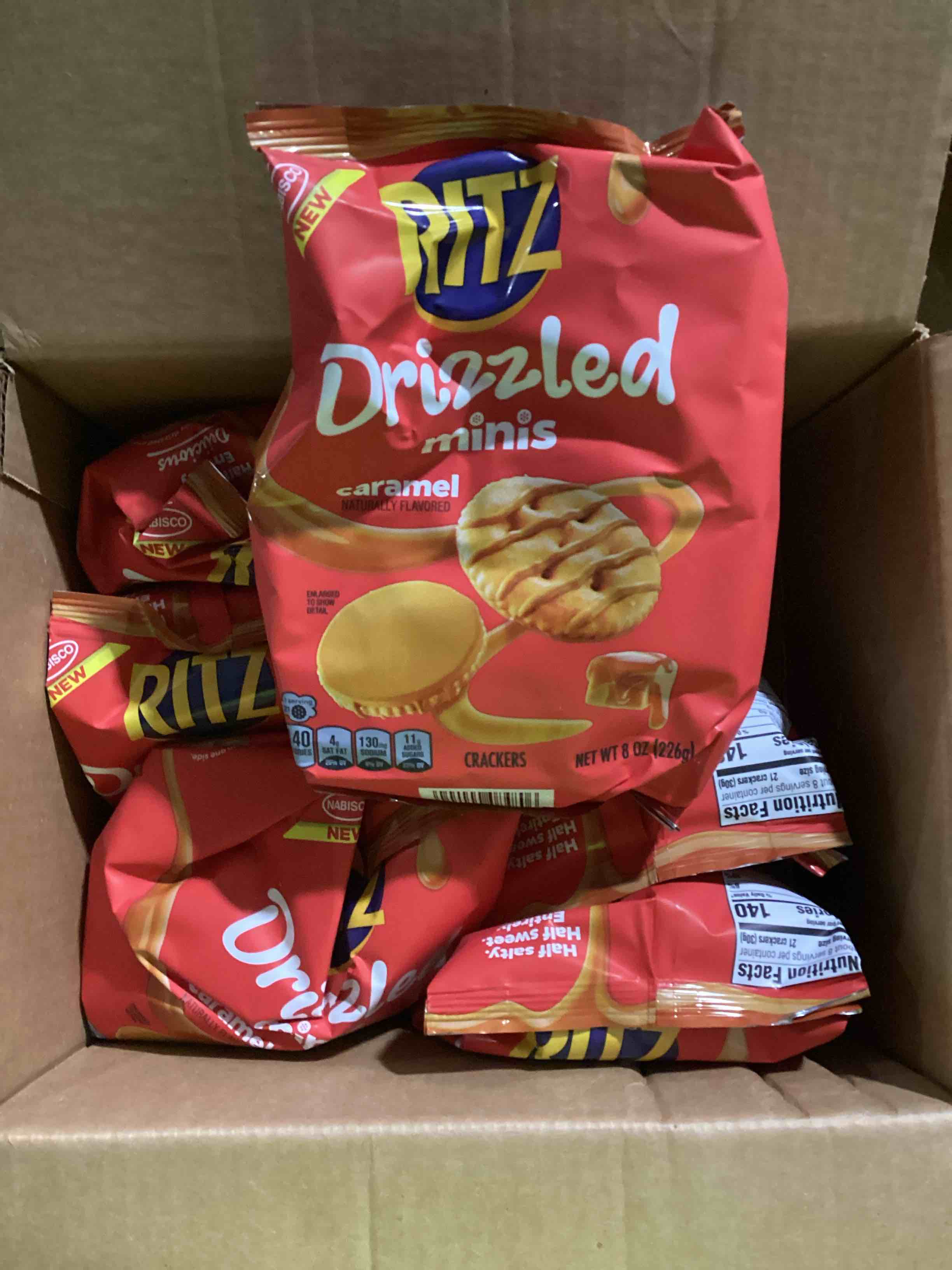 case of 6 ritz drizzled minis caramel crackers, snacks for kids and adults, party snacks, 8 oz(bb 9/24/26)