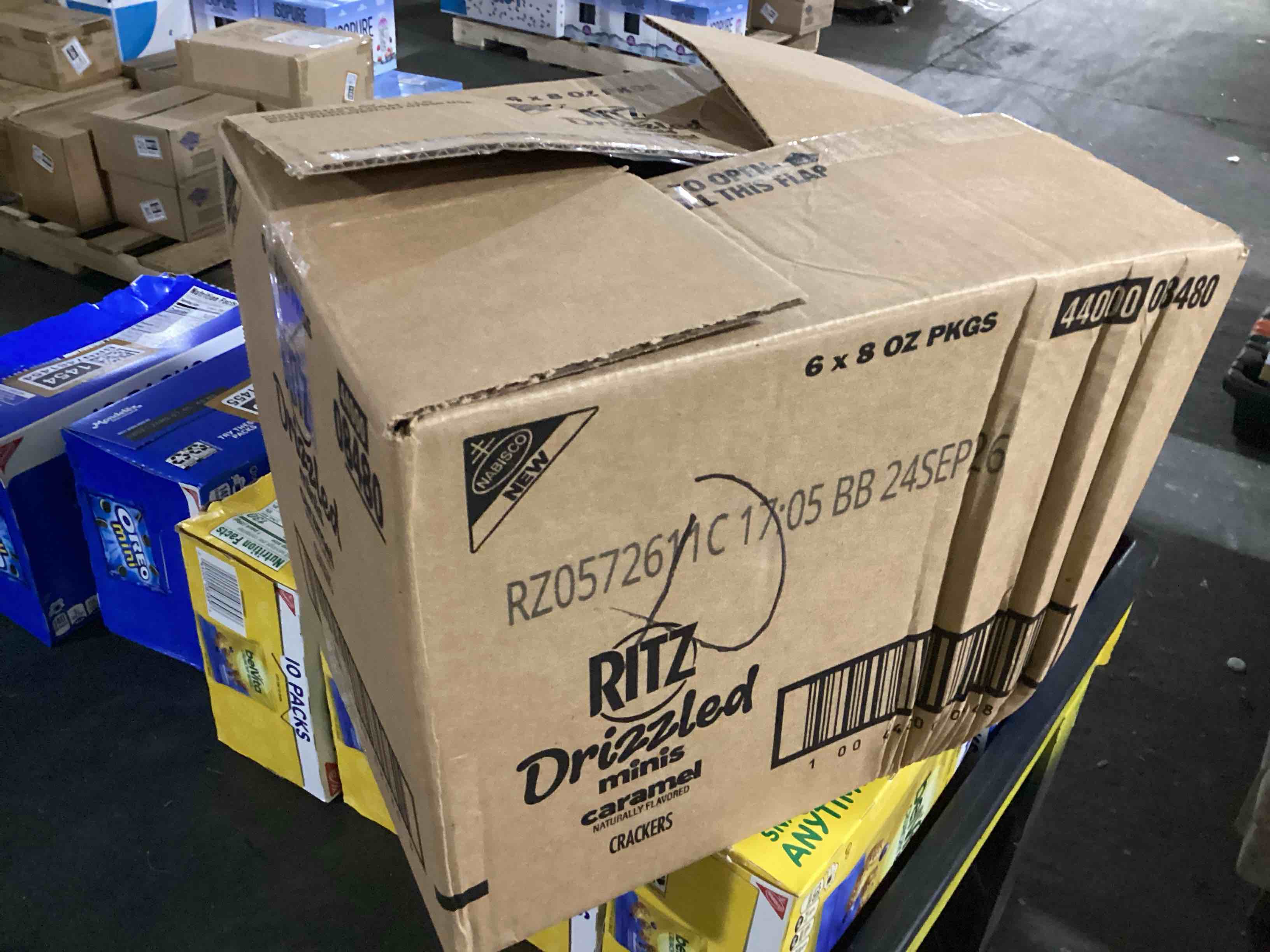 Condition photo showing New/Like New for case of 6 ritz drizzled minis caramel crackers, snacks for kids and adults, party snacks, 8 oz(bb 9/24/26)