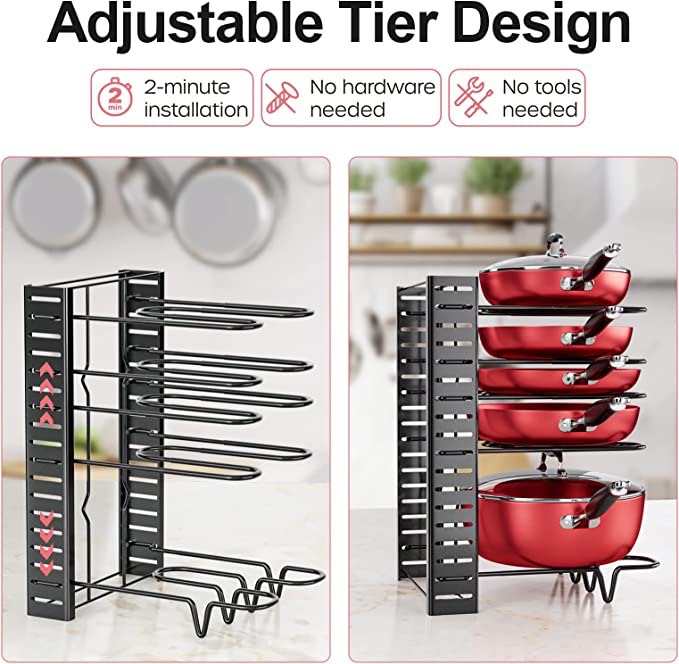 MUDEELA Pots and Pans Organizer for Cabinet 8-Tier Pan Organizer Rack for Cabinet with 3 DIY Methods, Adjustable Pot Organizer Rack for Kitchen Organization & Storage, Cabinet Organizer