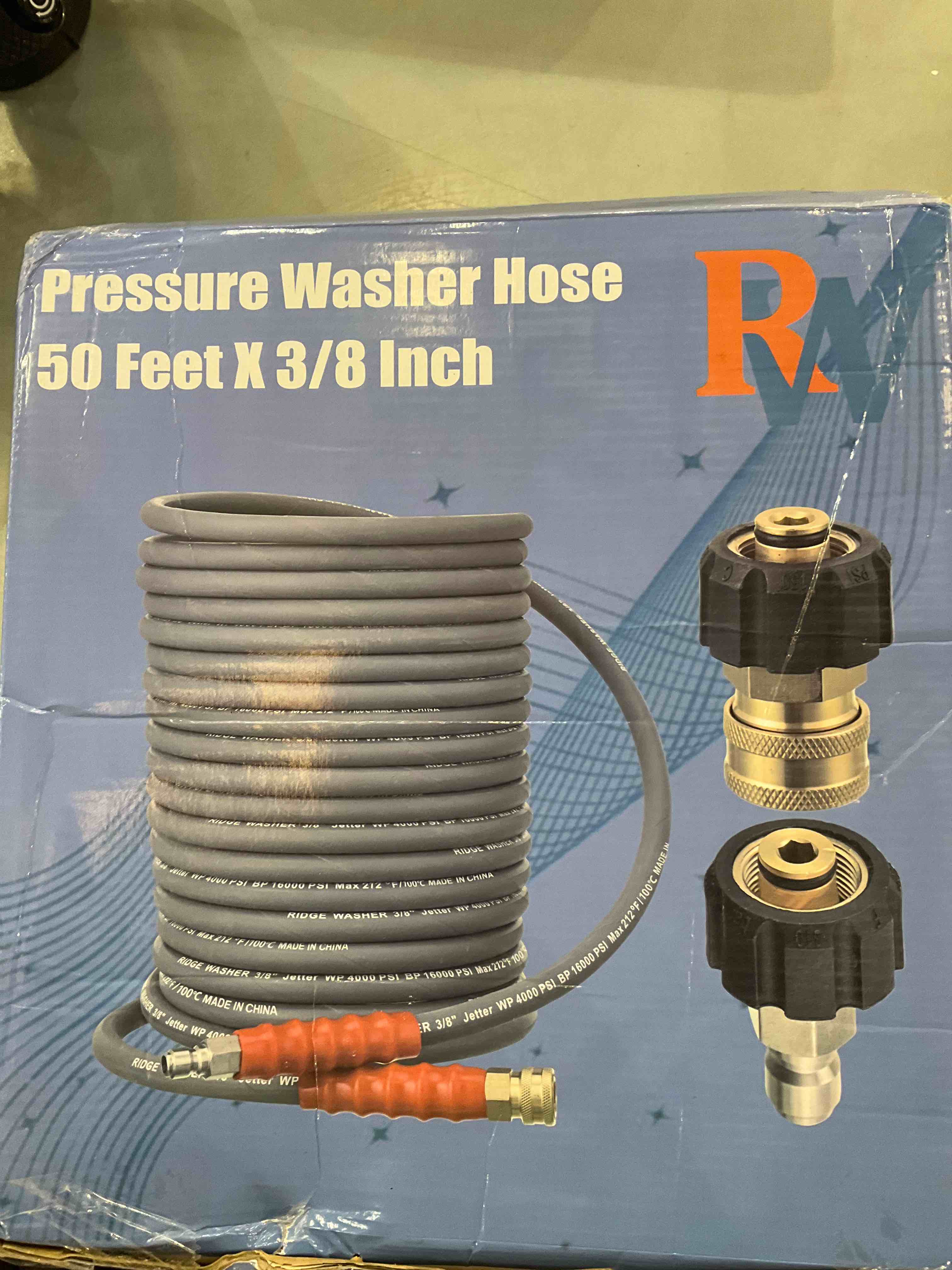 RIDGE WASHER Pressure Washer Hose 50 Feet X 3/8 Inch for Hot and Cold Water, with M22 14mm to 3/8 Inch Quick Connect, 4000 PSI