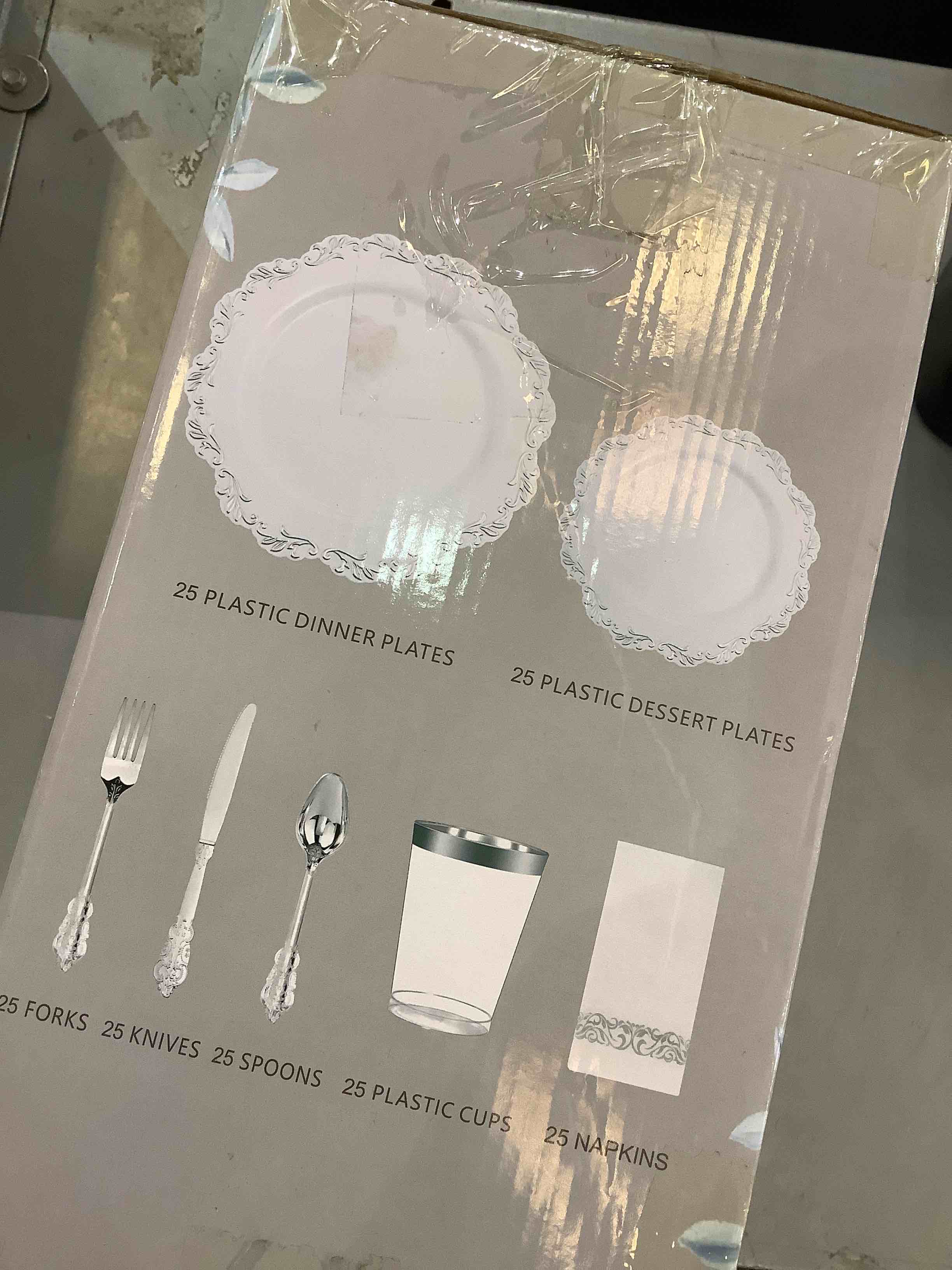 BUCLA 175pcs Silver Plastic Plates with Disposable Silverware - including 25dinner plates, 25dessert plates, 25knives, 25forks, 25spoons, 25cups, 25napkins