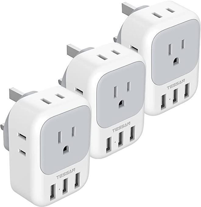 US to UK Plug Adapter 3 Pack, TESSAN Type G Travel Converter with 4 Electrical Outlet 3 USB Charger, Power Adaptor for USA to Ireland Dubai Scotland Hong Kong England British Kenya London Qatar