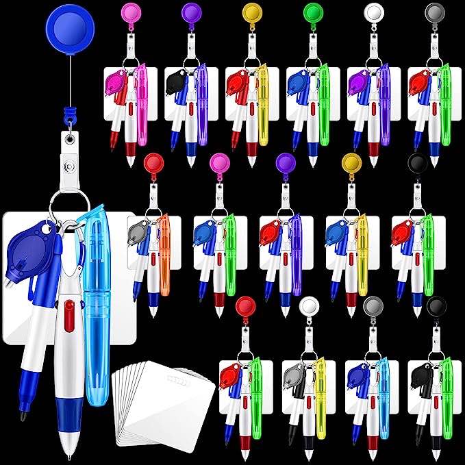Mini Highlighter Nurse Pen for Badge Include Tip Highlighter, Permanent Marker Pen, Retractable Ball Pen, Nursing Keychain Clip, LED Flashlight Keychains and Writing Whiteboard (96 Pack)