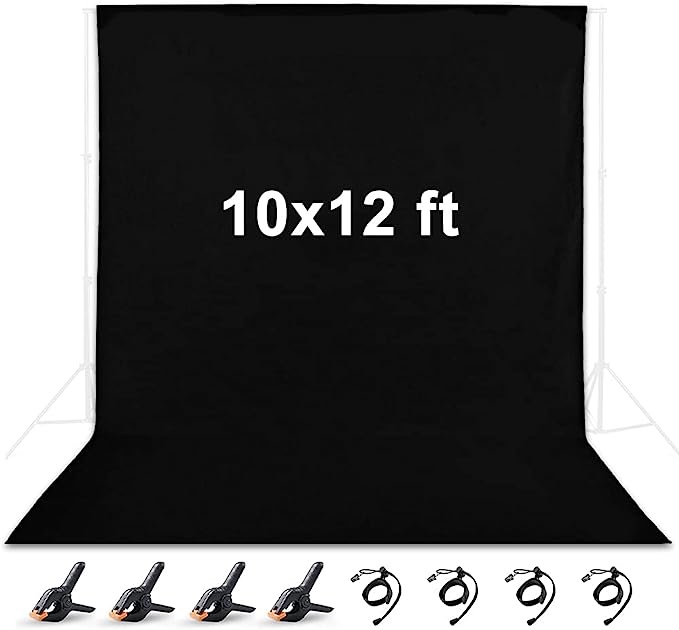 10 x 12 ft Black Backdrop, Polyester Fabric Chromakey Black Backdrop Background for Photography, Video, Studio and Television with 4 Backdrop Clips and 4 Spring Clamps
