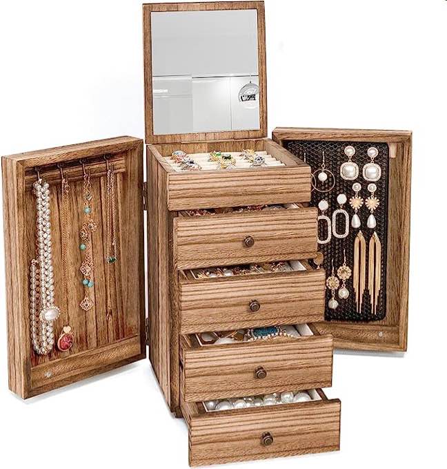Meangood Jewelry Box Wood for Wowen, 5-Layer Large Organizer Box with Mirror & 4 Drawers for Rings, Earrings, Necklaces, Vintage Style Torched Wood