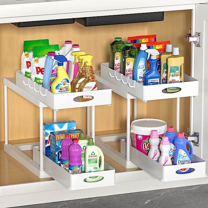 AOJIA Double Sliding Under Sink Organizers and Storage, 2 Tier Pull Out Cabinet Organizer Storage, Under Sink Organizer Storage with Drawer for Under Sink Kitchen Bathroom Organization