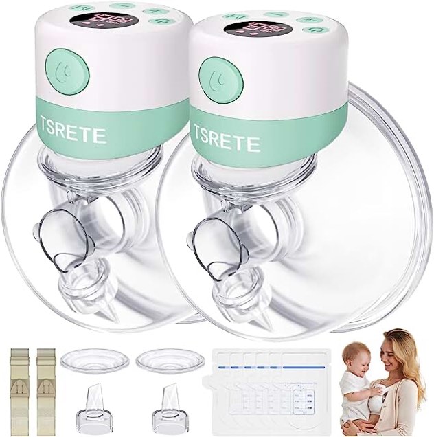 TSRETE Breast Pump, Double Wearable Breast Pump, Electric Hands-Free Breast Pumps with 2 Modes, 9 Levels, LCD Display, Memory Function Rechargeable with Massage and Pumping Mode 24mm Flange-Green