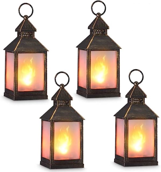 11" Vintage Style Decorative Lantern,Flame Effect LED Lantern,(Golden Brushed Black,Timer) Indoor Lanterns Decorative,Outdoor Hanging Lantern ZKEE (Set of 4)