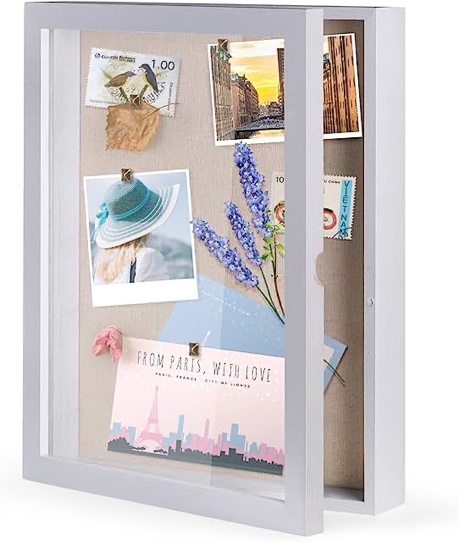 SZQINJI Shadow Box Frame 11x14 Shadow Box Display Case with Linen Back Glass Door Memorabilia Awards Medals Photos Wood Memory Box Rustic White
